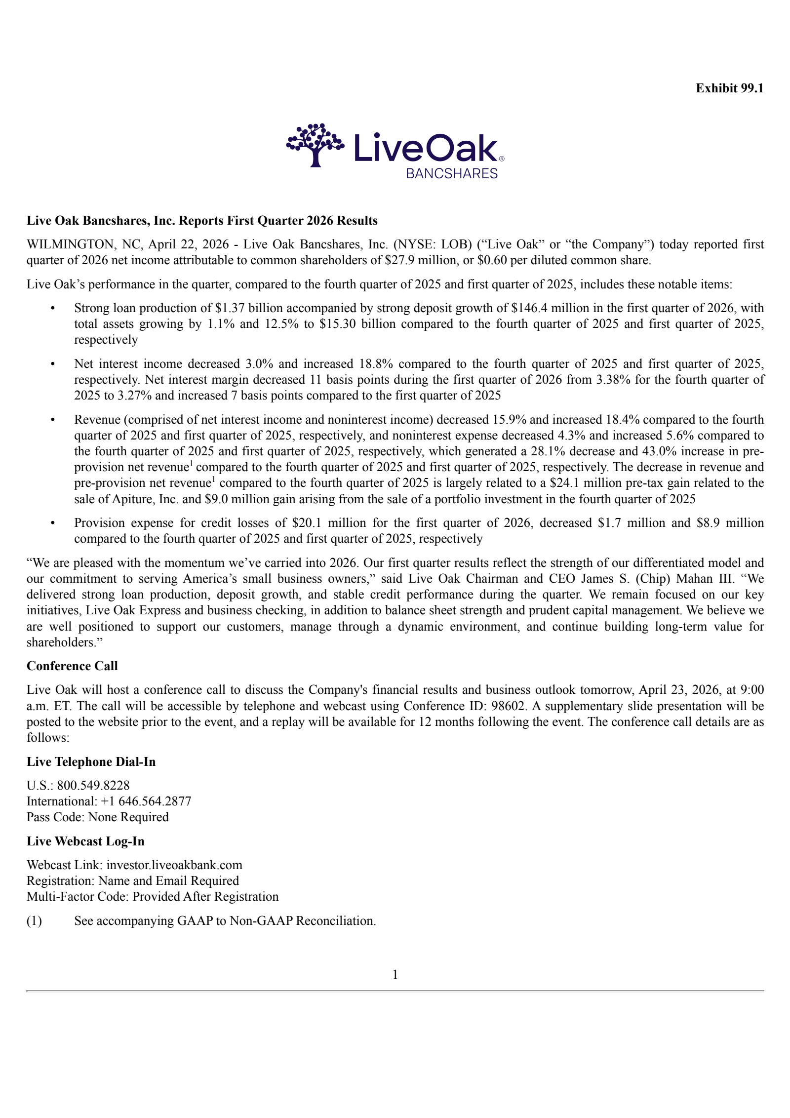 Live Oak Bancshares' Q1 2026 Press Release
