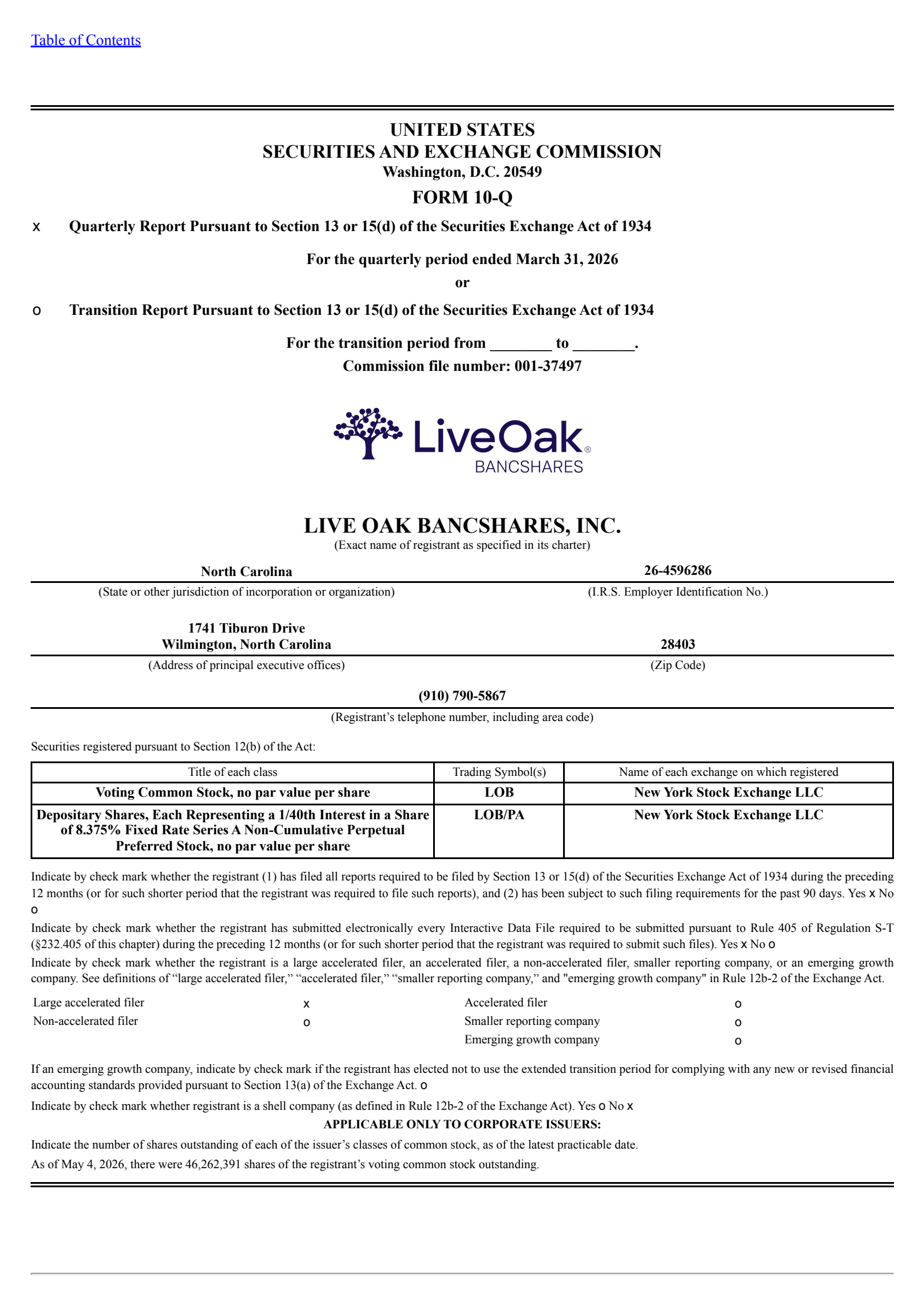 Live Oak Bancshares' Q1 2026 Quarterly report