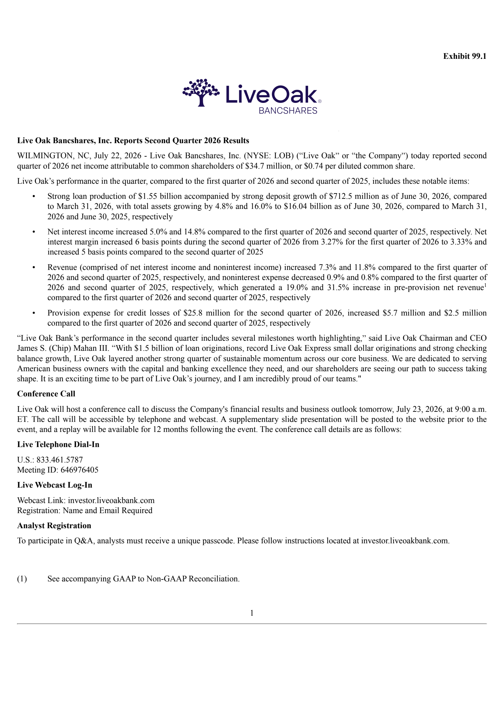 Live Oak Bancshares' Q2 2026 Press Release