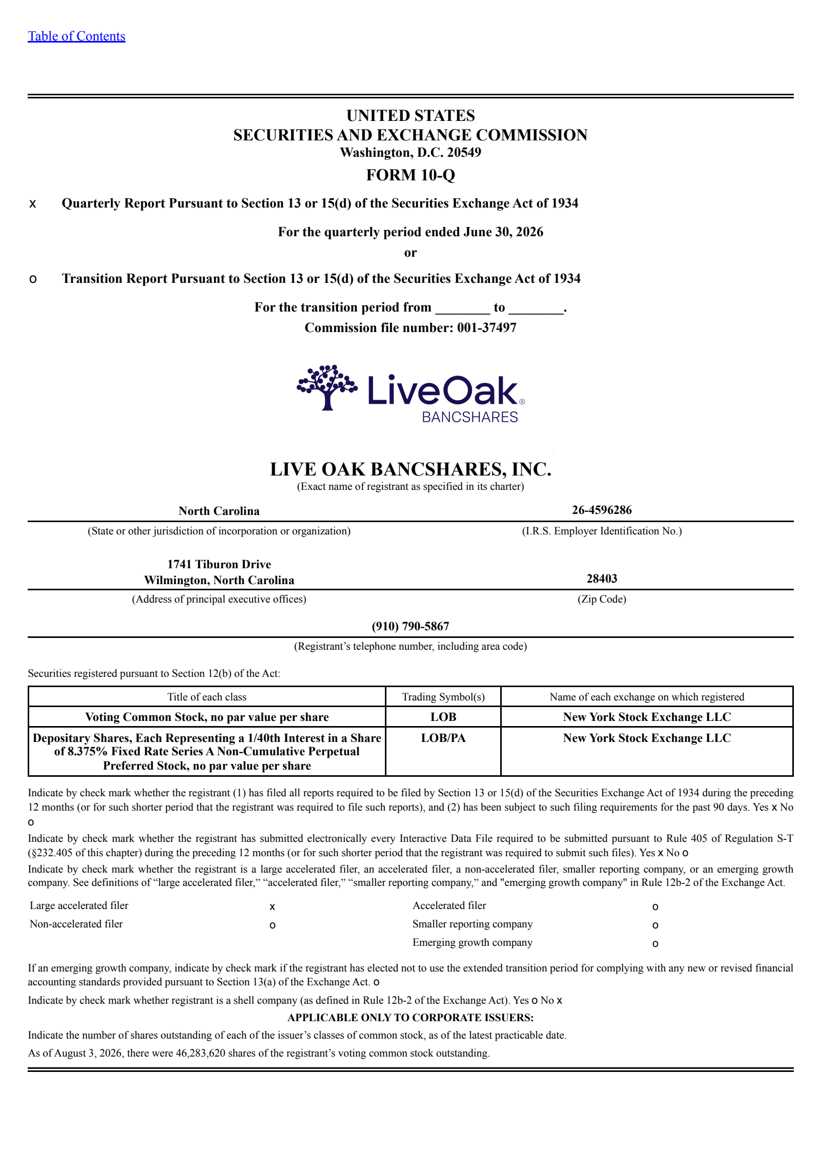 Live Oak Bancshares' Q2 2026 Quarterly report