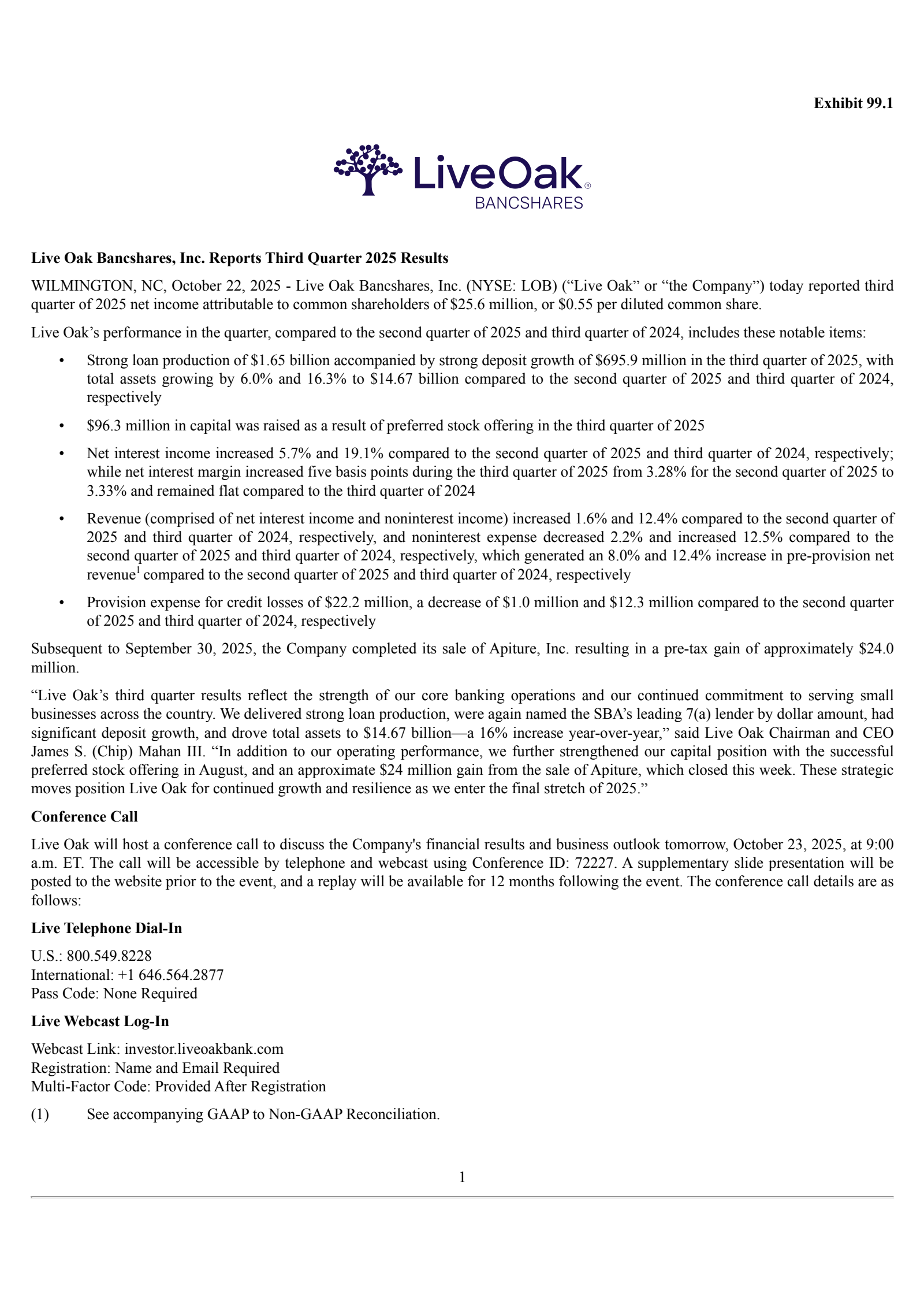 Live Oak Bancshares' Q3 2025 Earnings Release