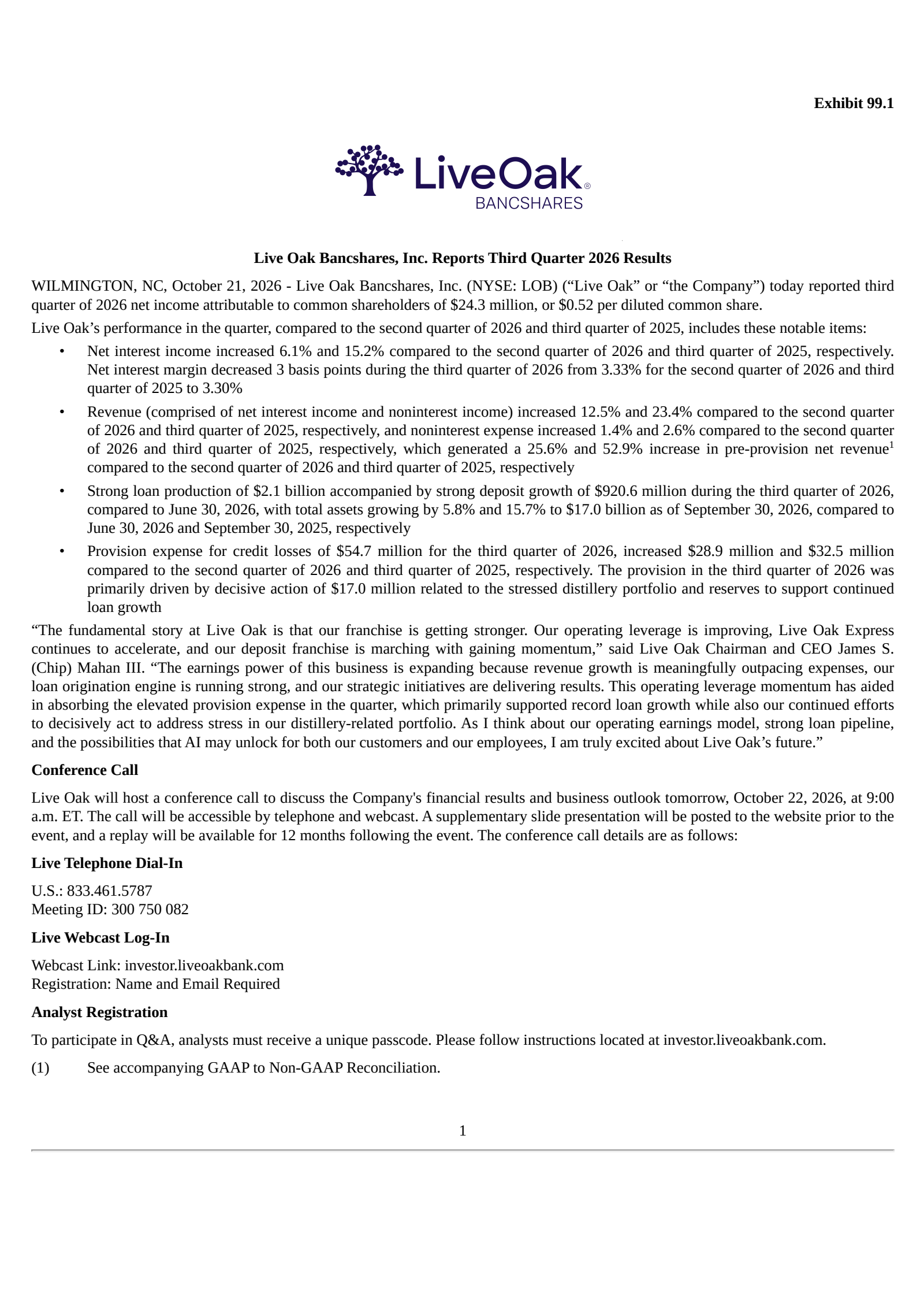 Live Oak Bancshares' Q3 2026 Press Release