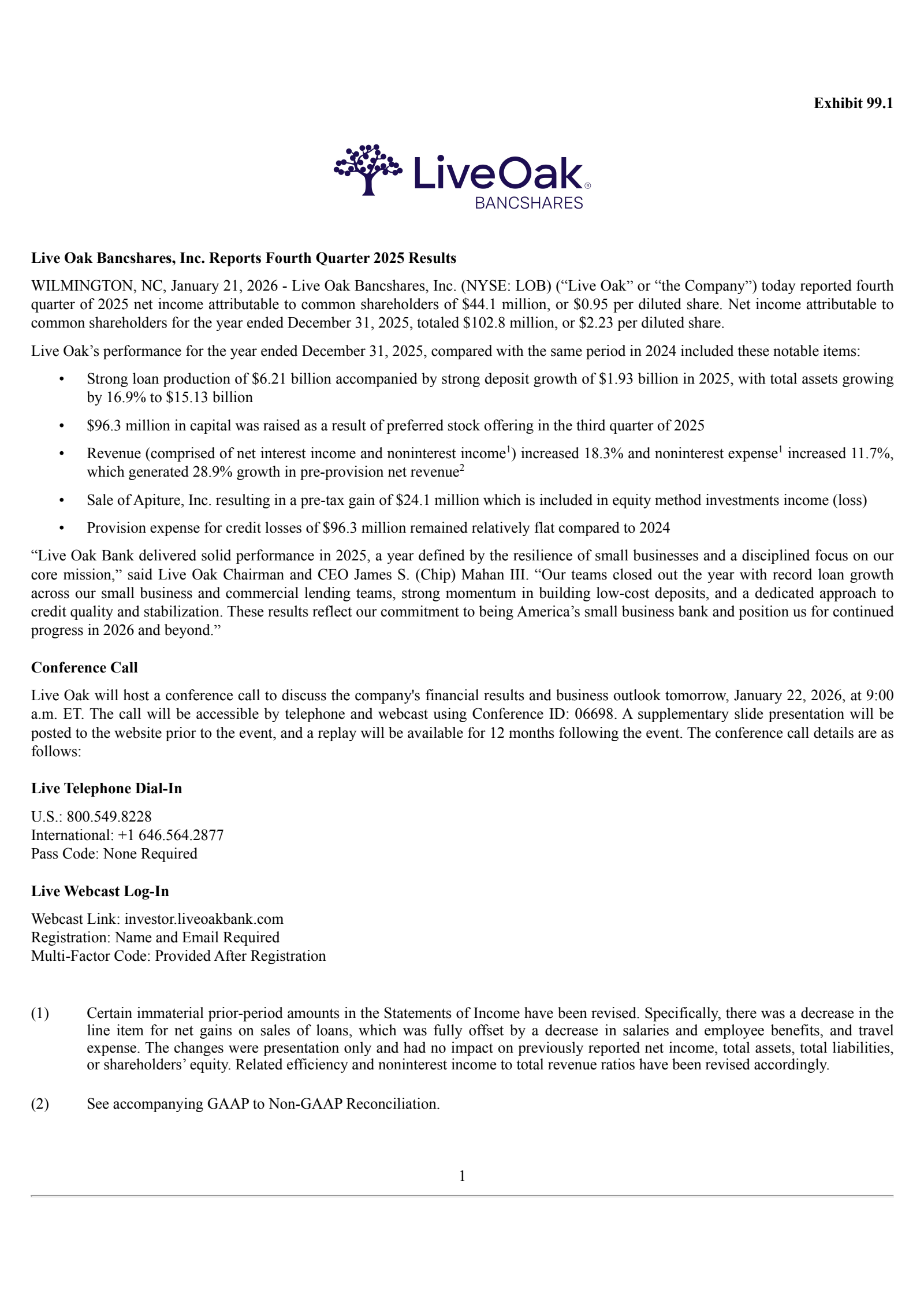 Live Oak Bancshares' Q4 2025 Press Release