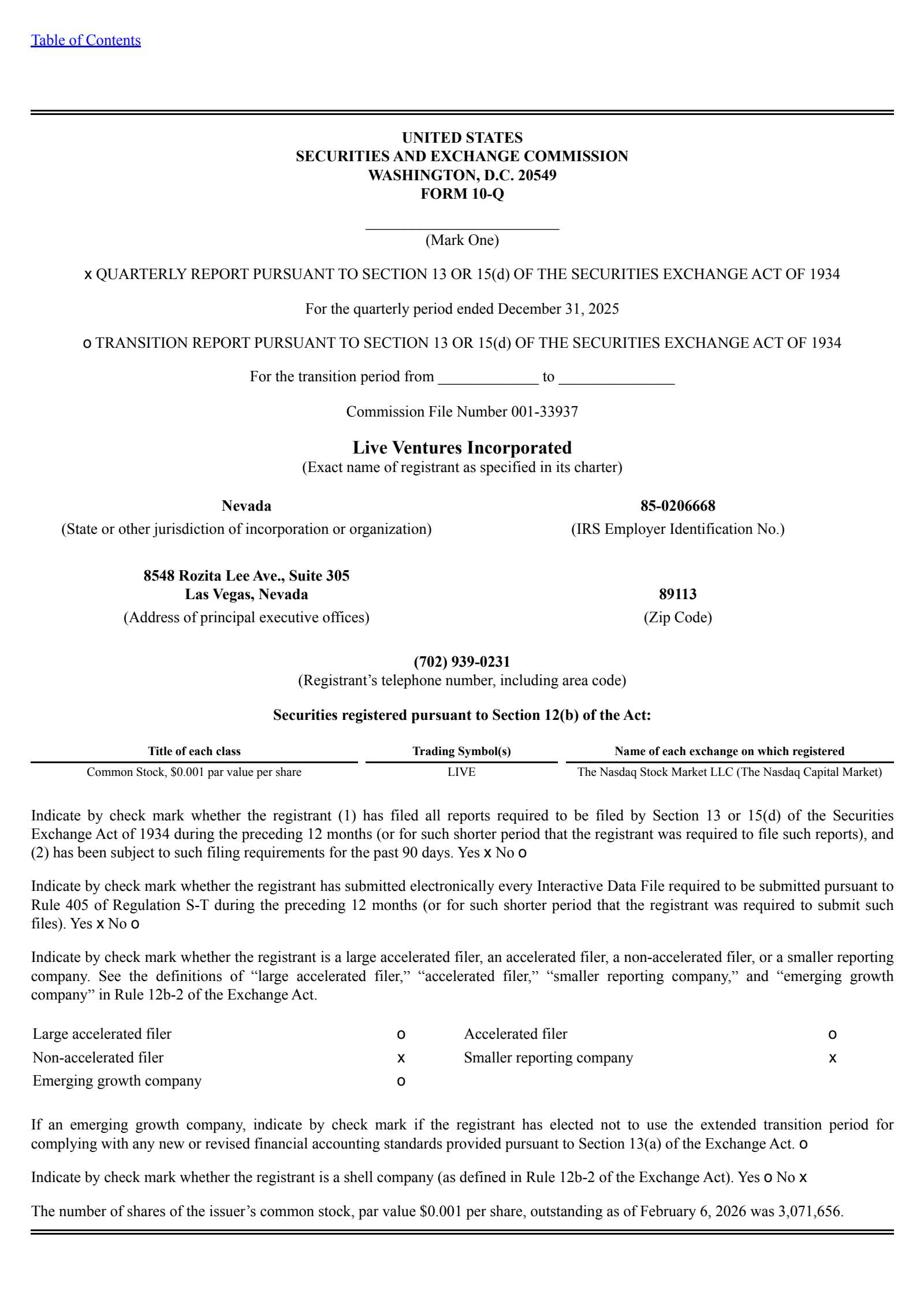 Live Ventures' Q1 2026 Quarterly report