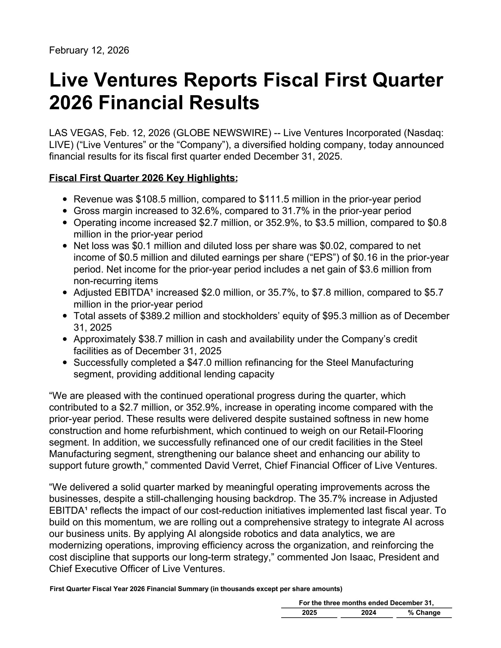 Live Ventures' Q1 2026 Press Release