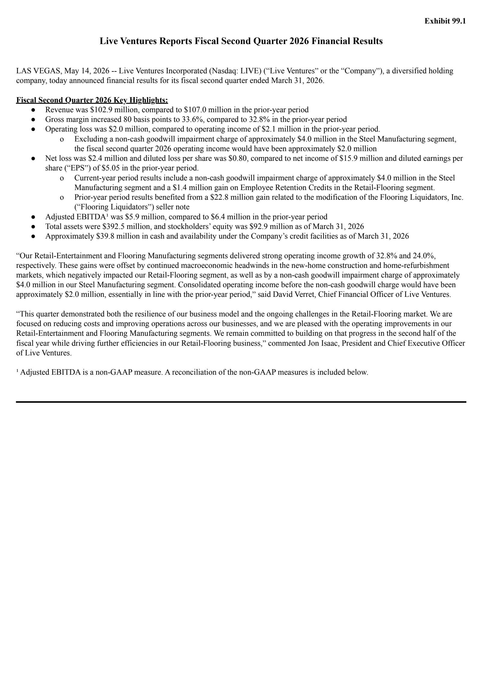 Live Ventures' Q2 2026 Press Release