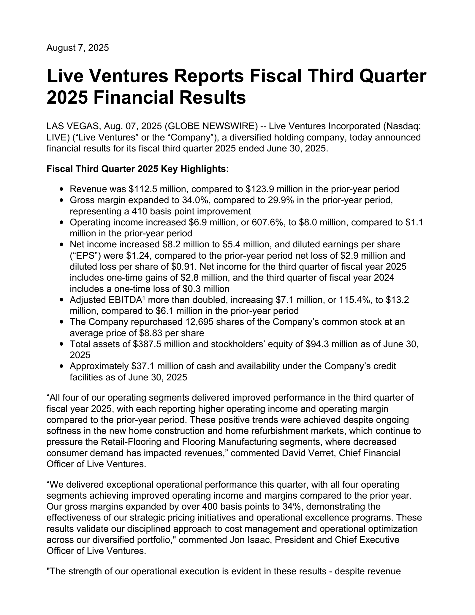 Live Ventures' Q3 2025 Press Release