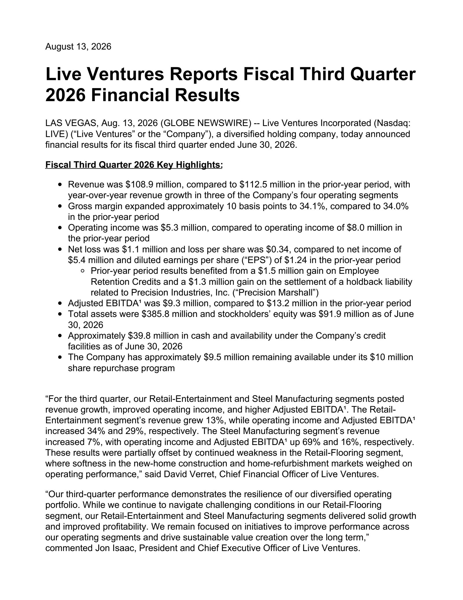 Live Ventures' Q3 2026 Press Release