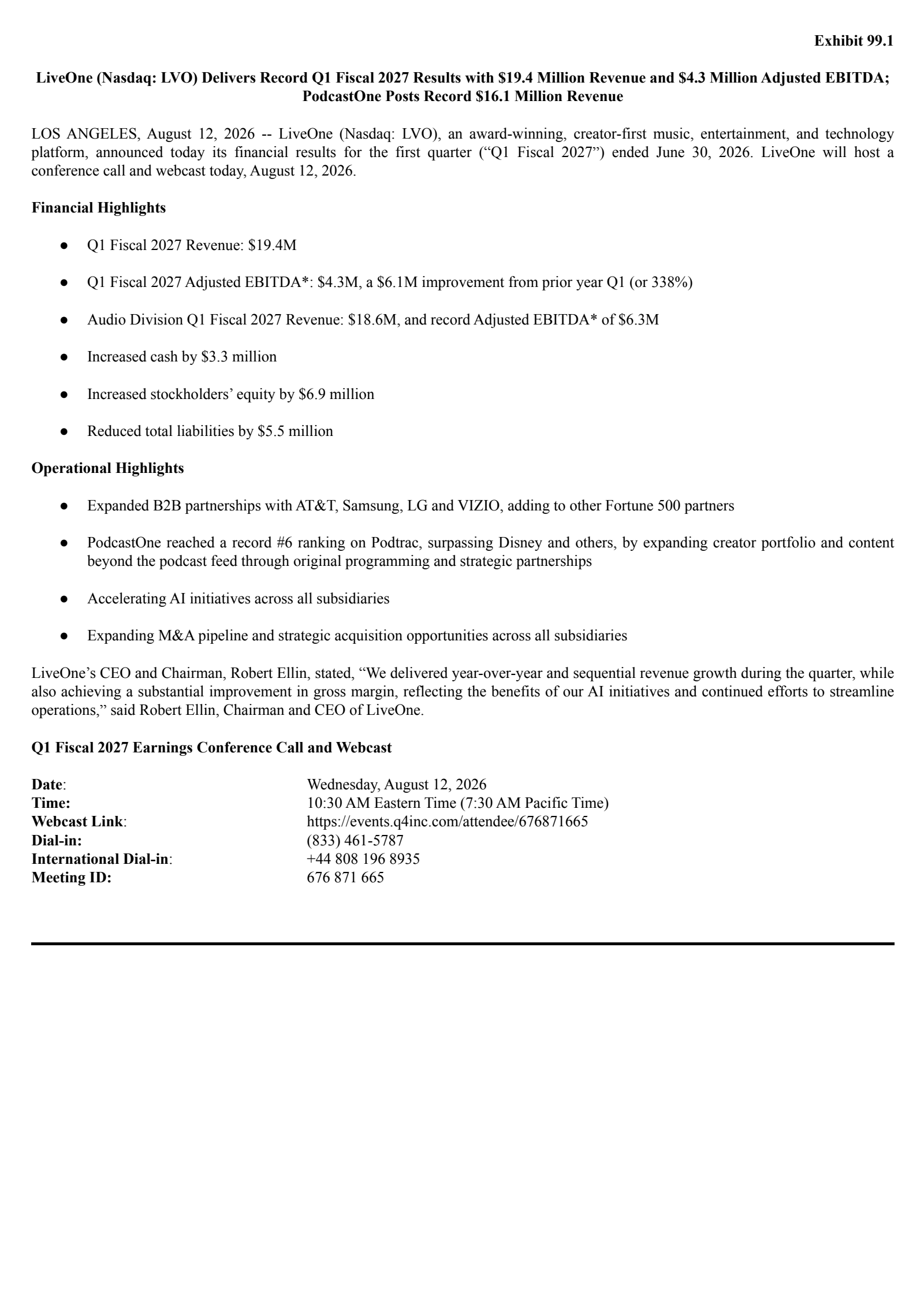 LiveOne's Q1 2027 Press Release