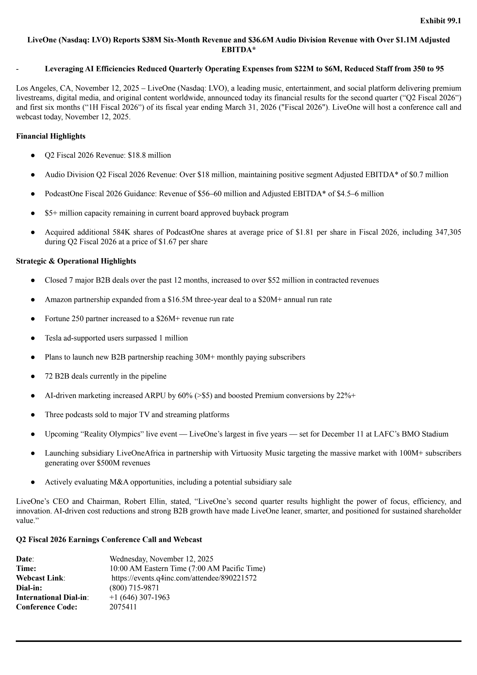 LiveOne's Q2 2026 Earnings Release