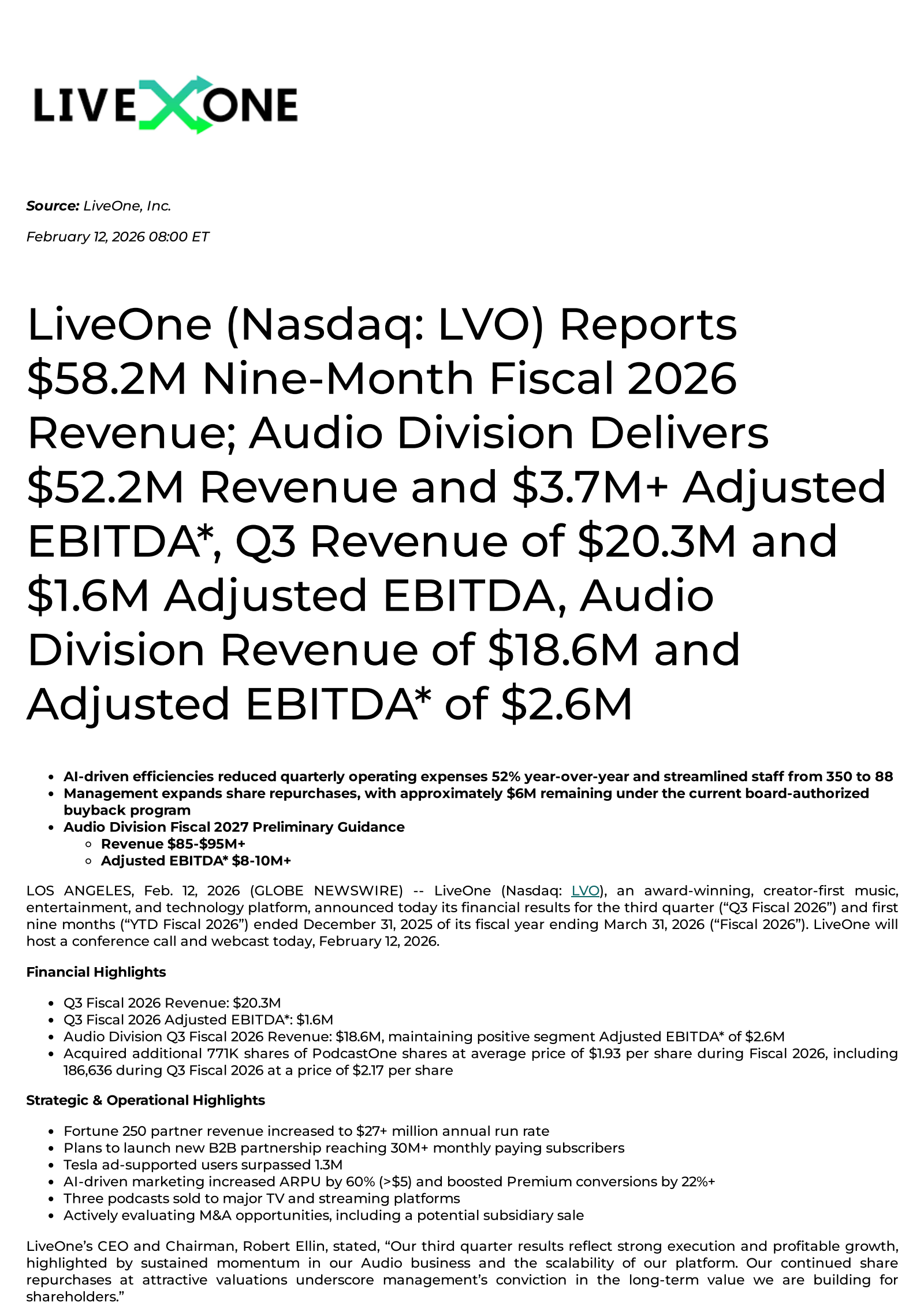 LiveOne's Q3 2026 Press Release