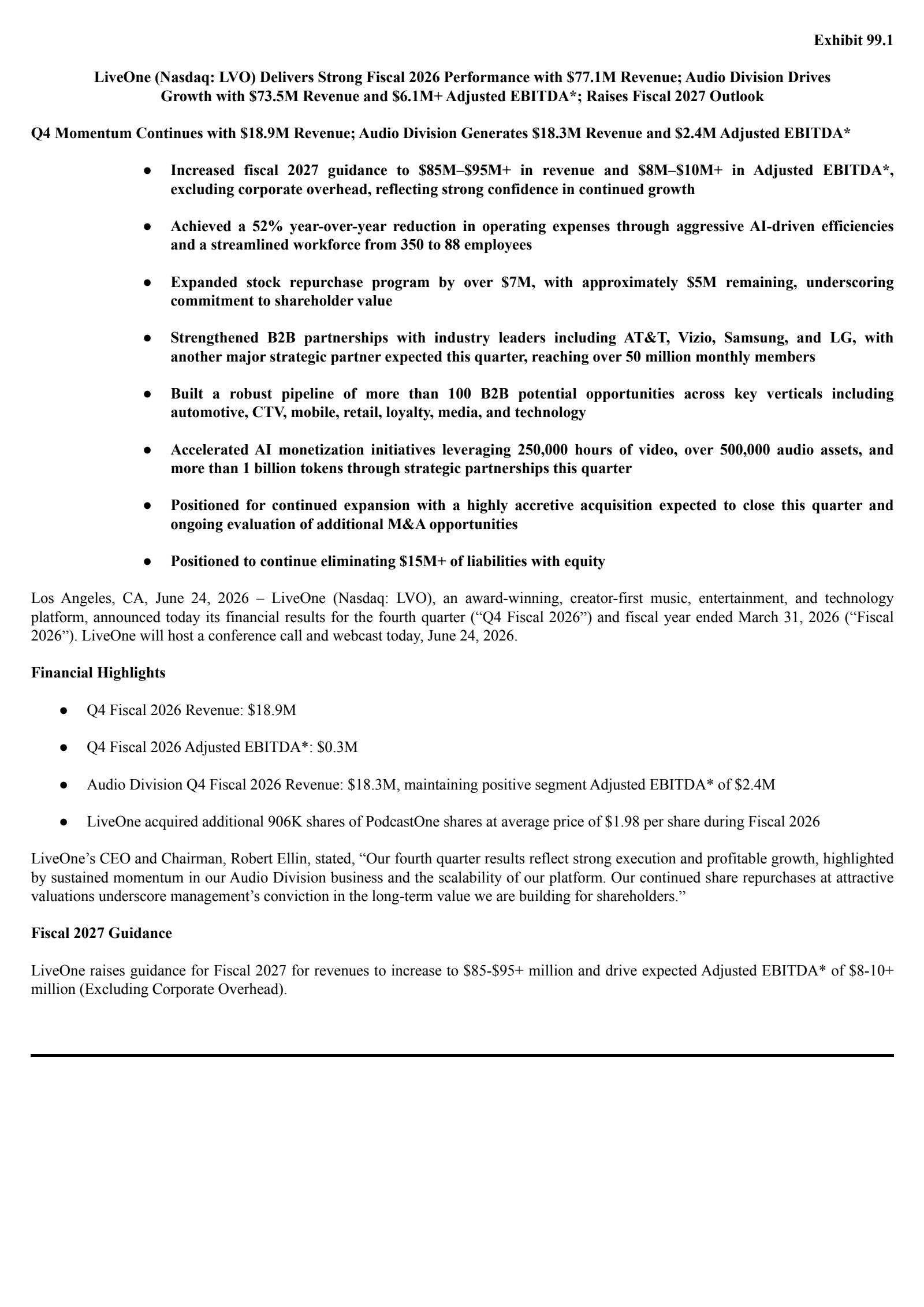 LiveOne's Q4 2026 Press Release