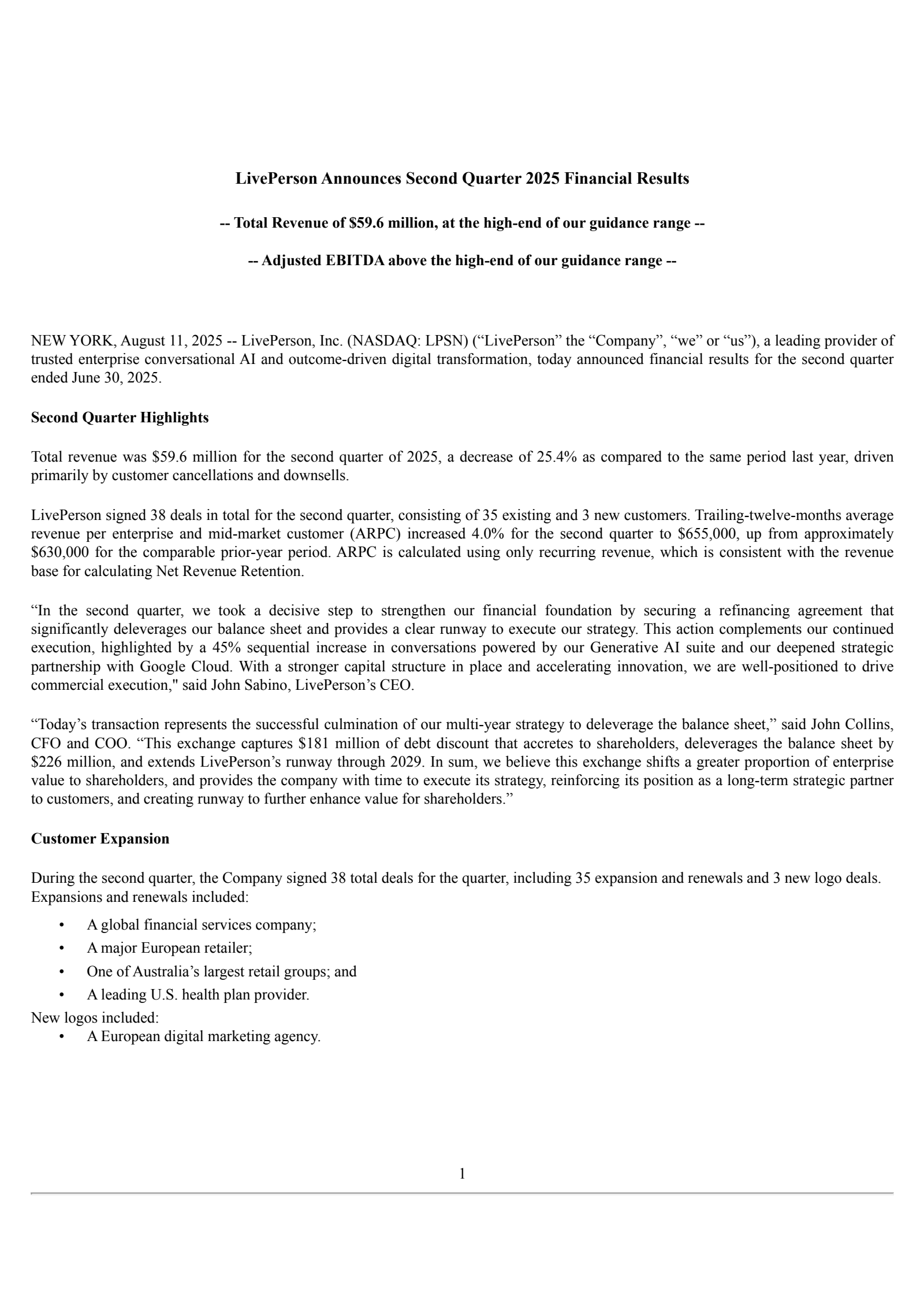 LivePerson's Q2 2025 Press Release