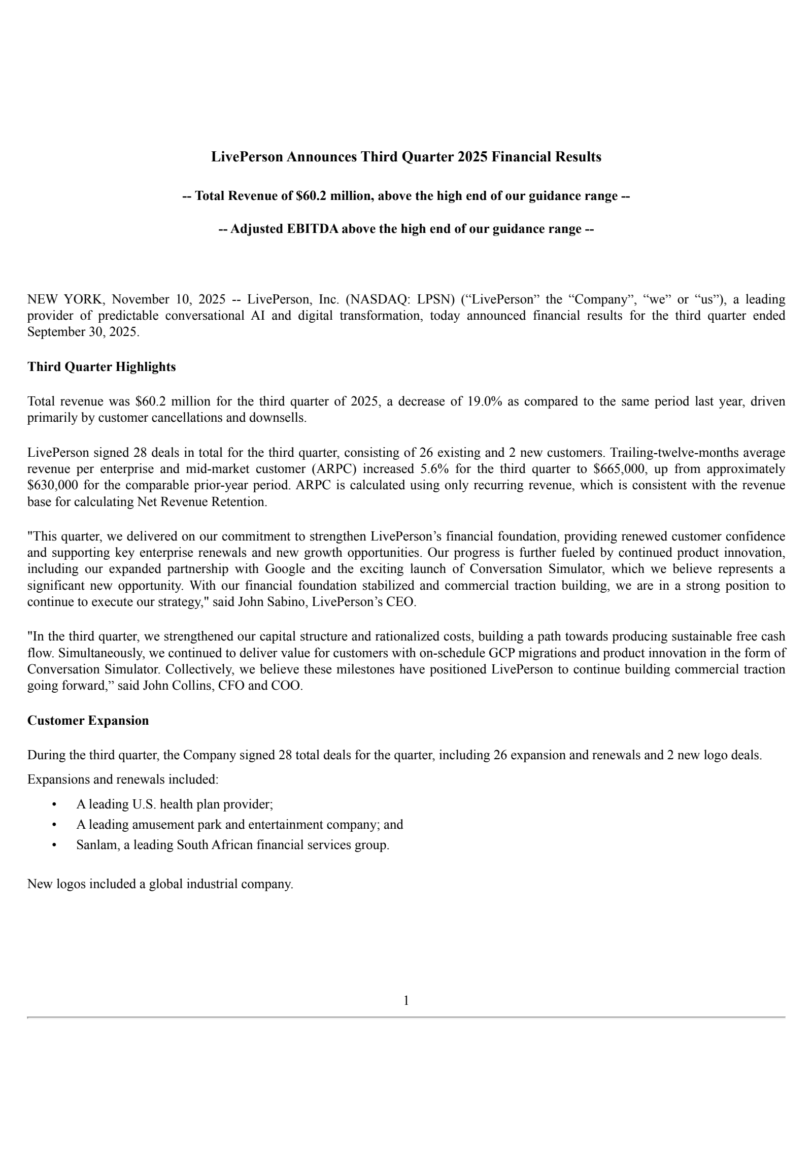 LivePerson's Q3 2025 Earnings Release