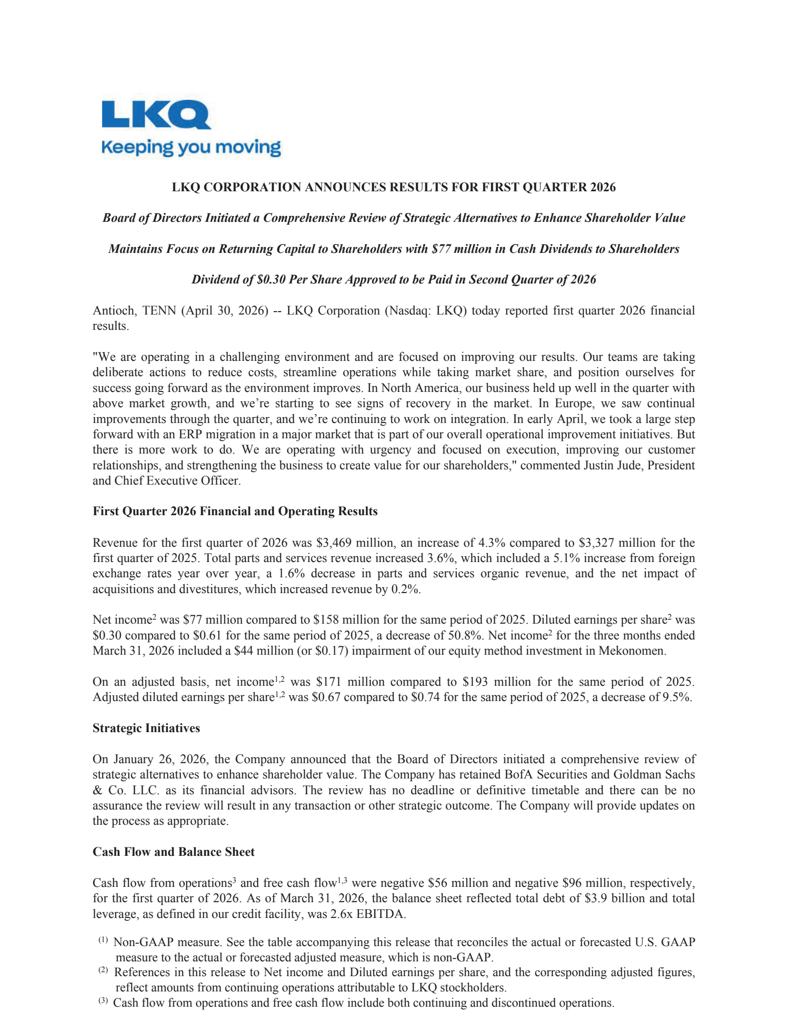 LKQ's Q1 2026 Press Release