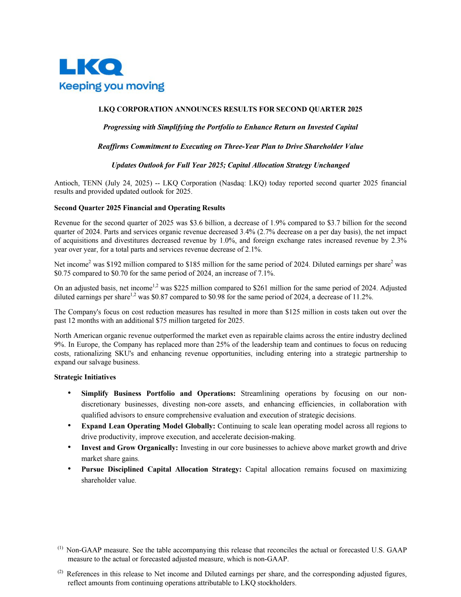 LKQ's Q2 2025 Press Release