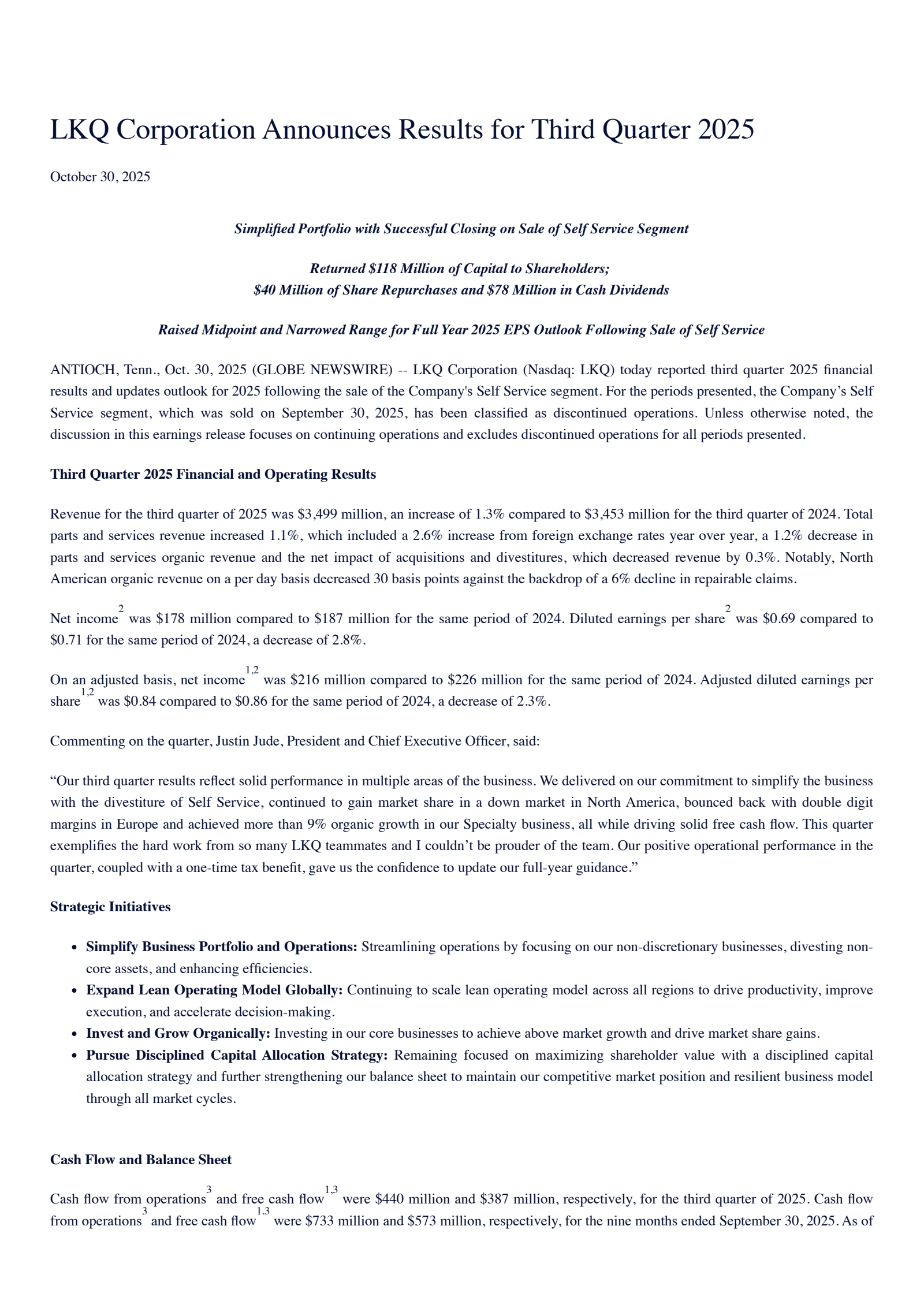 LKQ's Q3 2025 Earnings Release
