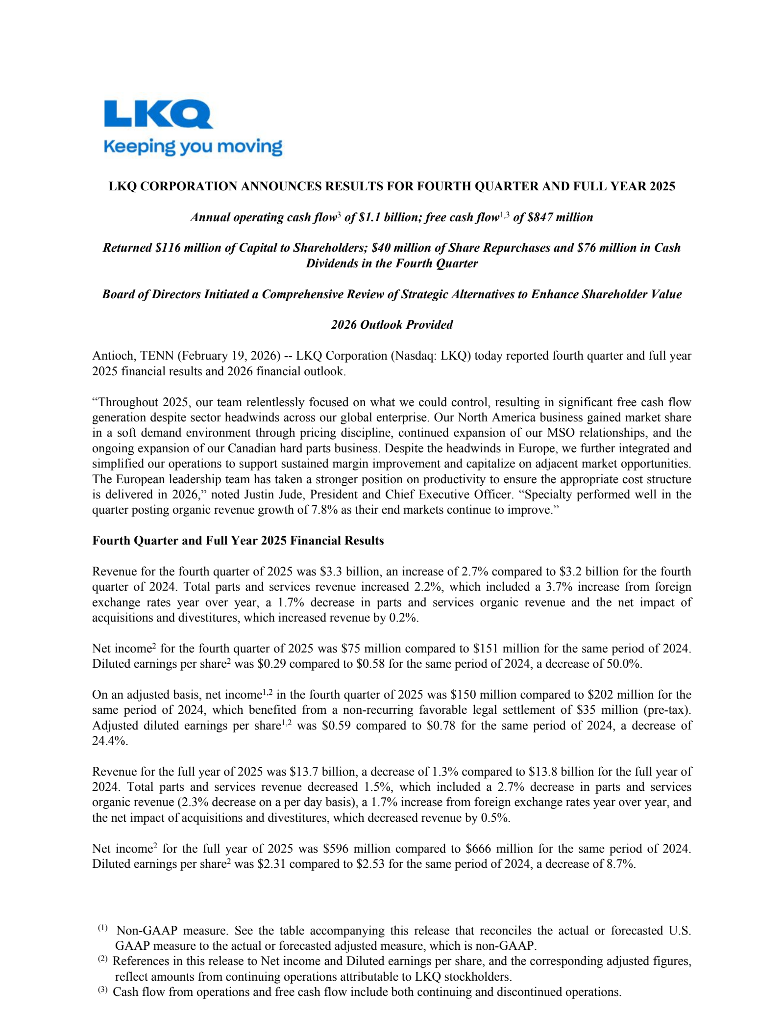 LKQ's Q4 2025 Press Release