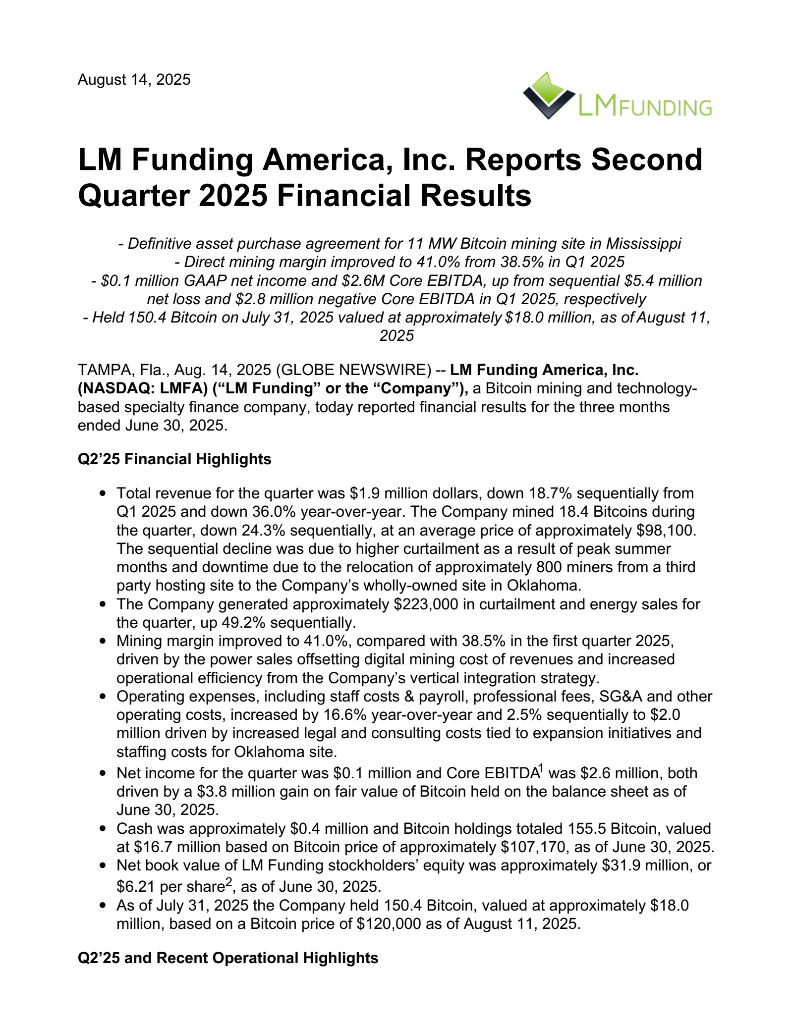 LM Funding America's Q2 2025 Press Release