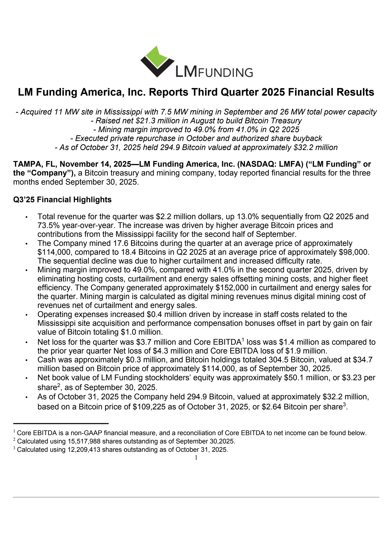 LM Funding America's Q3 2025 Earnings Release