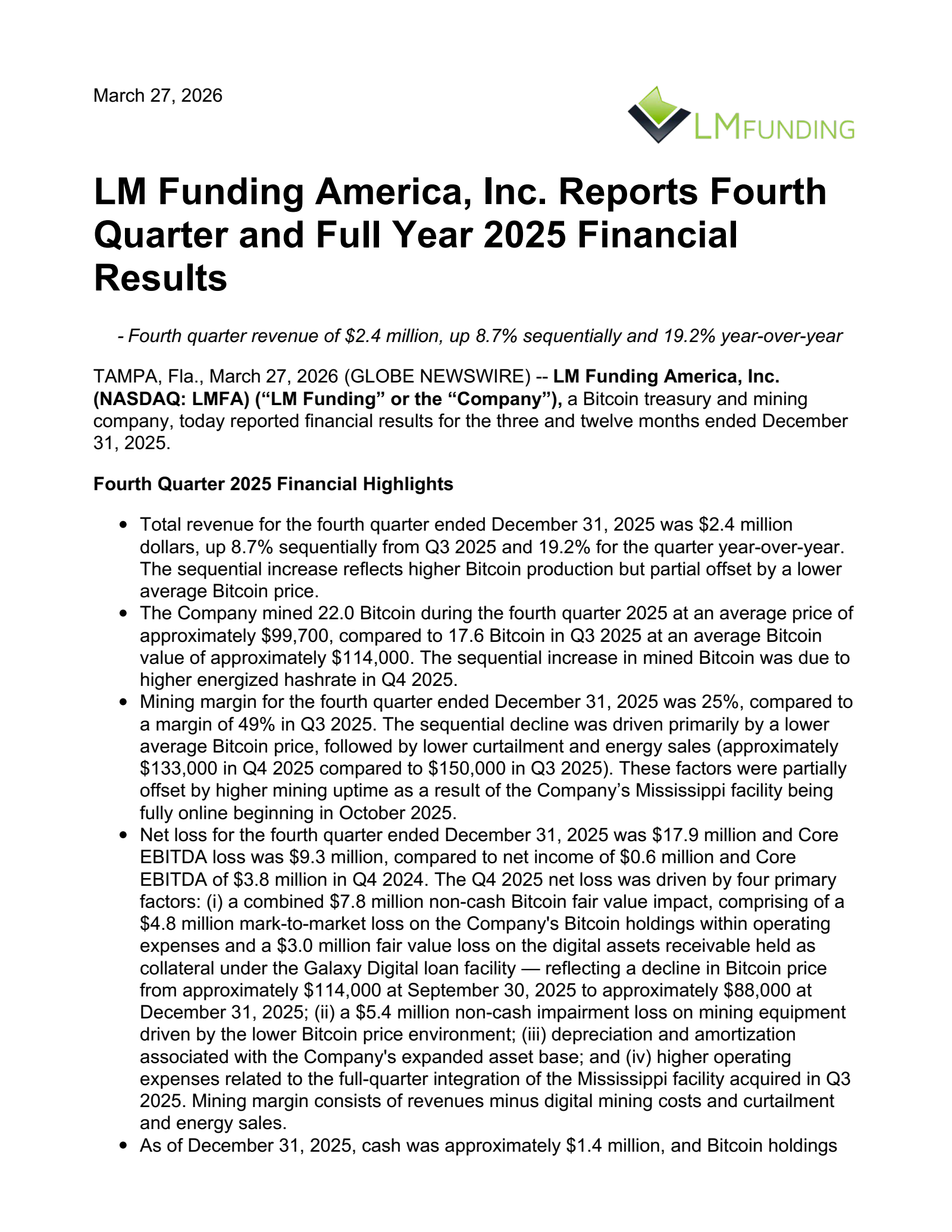 LM Funding America's Q4 2025 Press Release