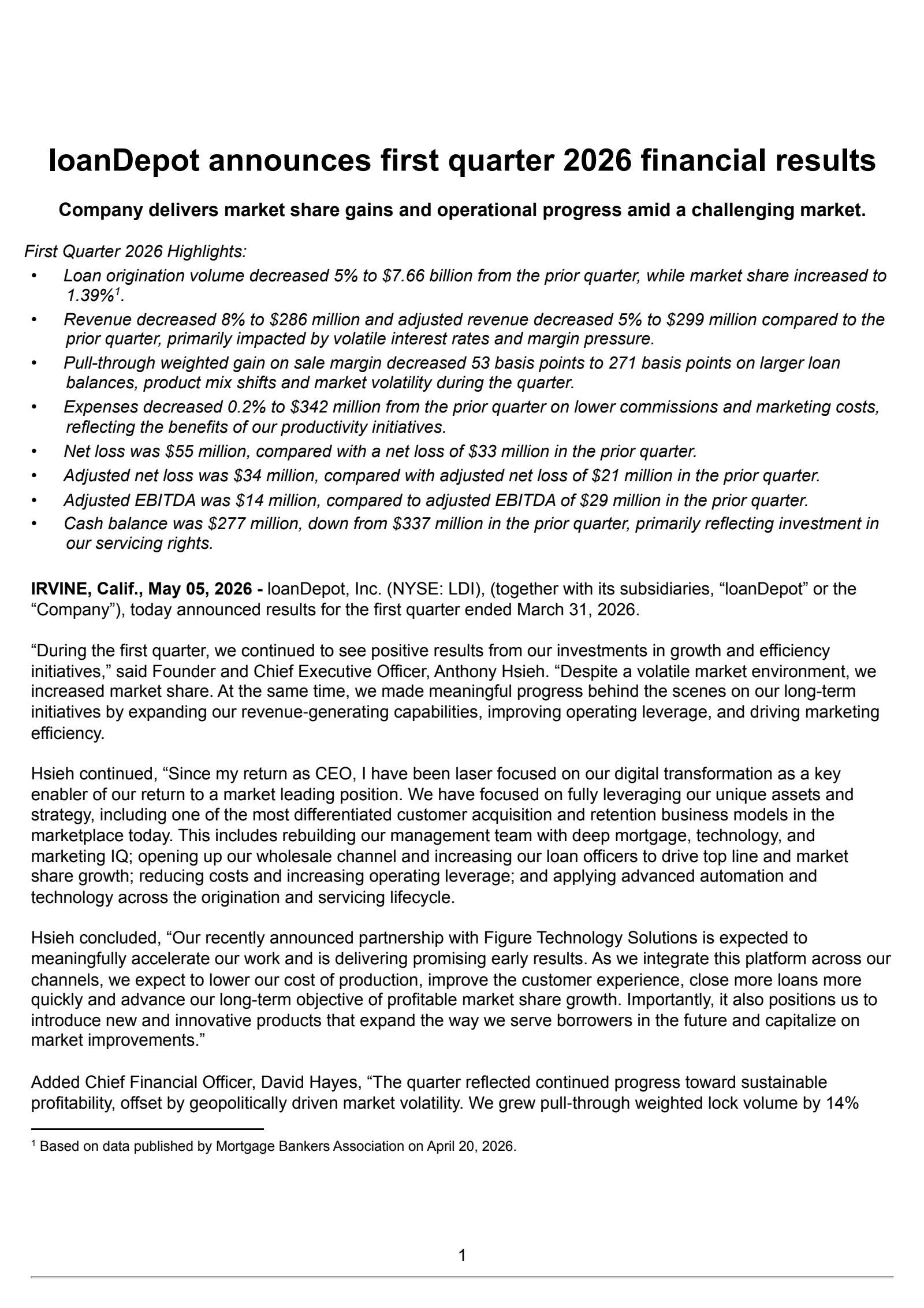 loanDepot's Q1 2026 Press Release