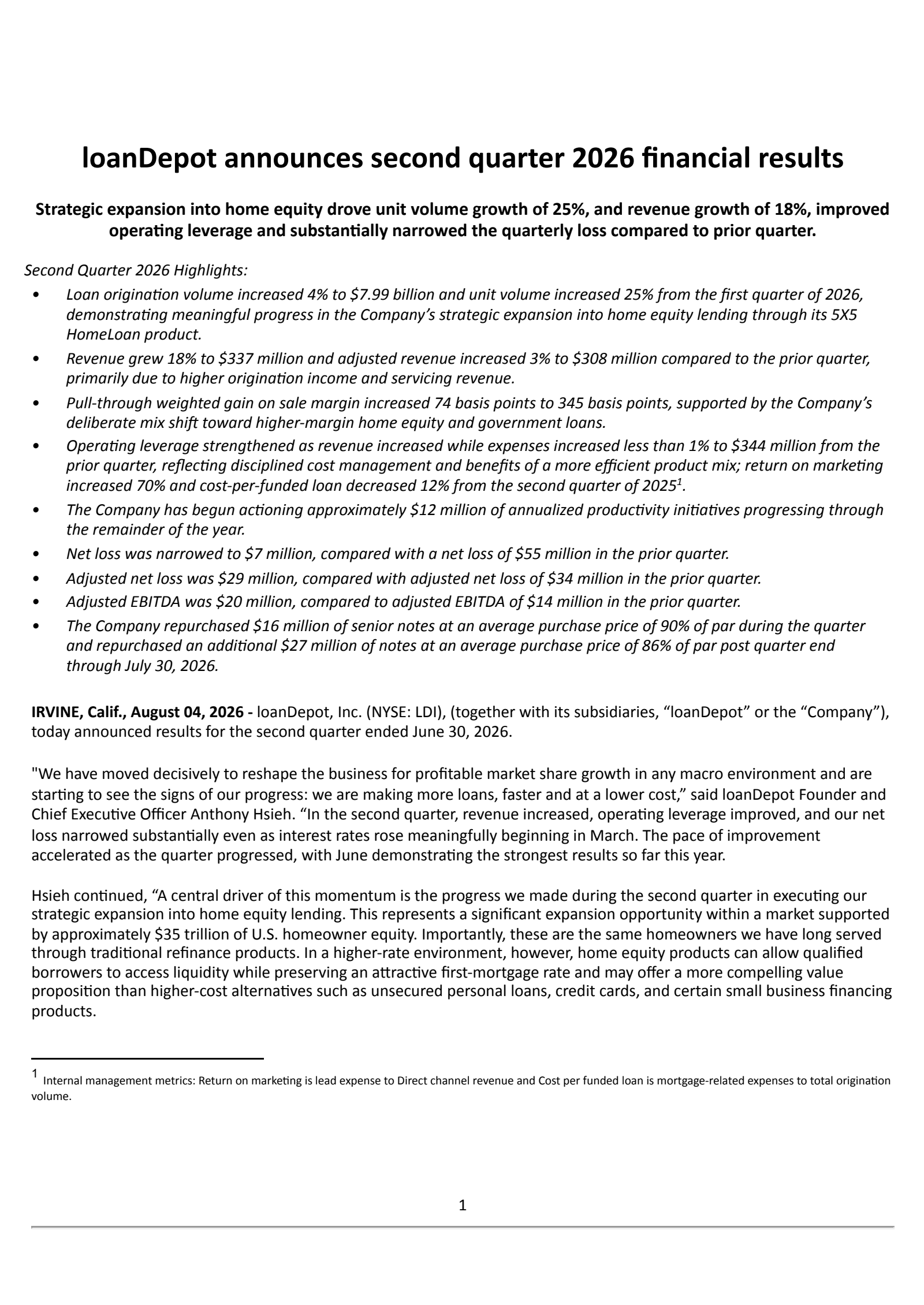 loanDepot's Q2 2026 Press Release