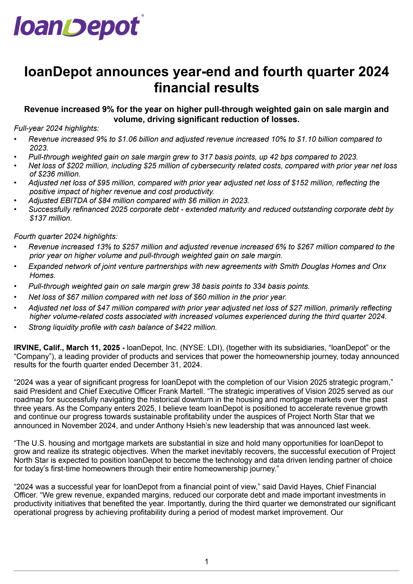 loanDepot's Q4 2024 Press Release