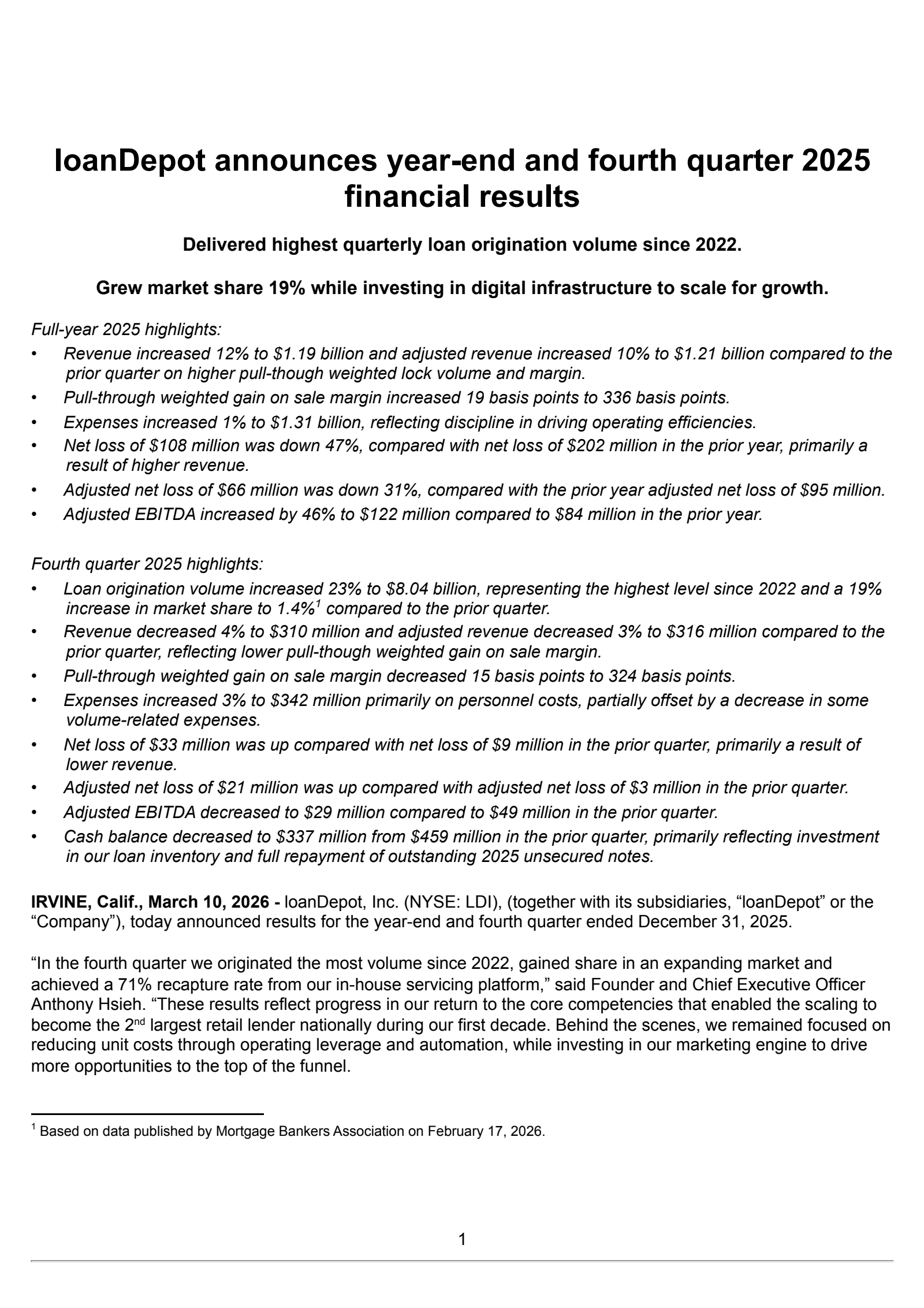 loanDepot's Q4 2025 Press Release