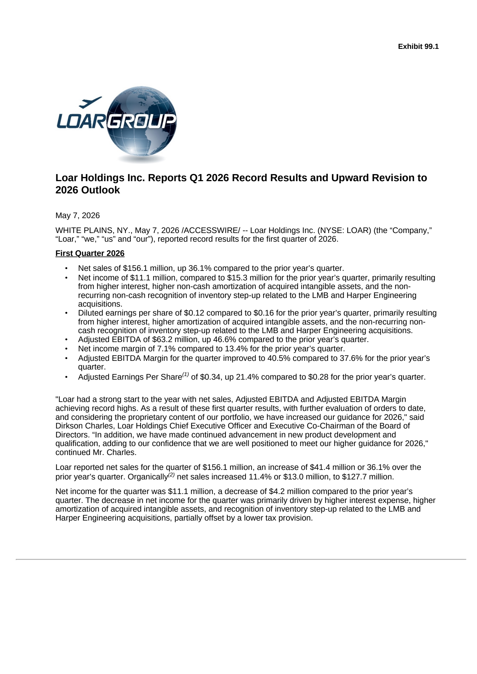 Loar's Q1 2026 Press Release