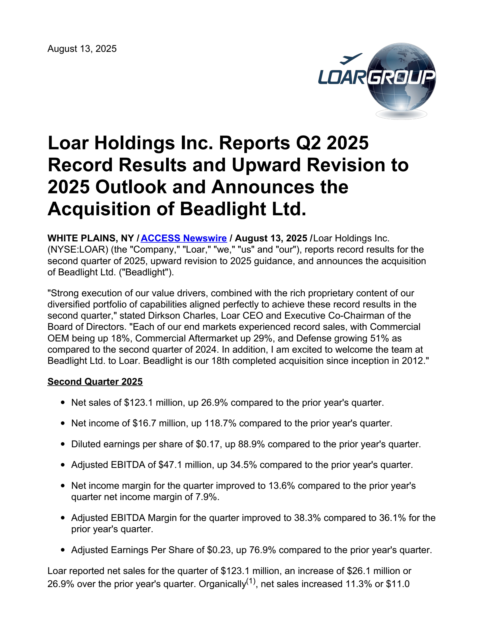 Loar's Q2 2025 Press Release