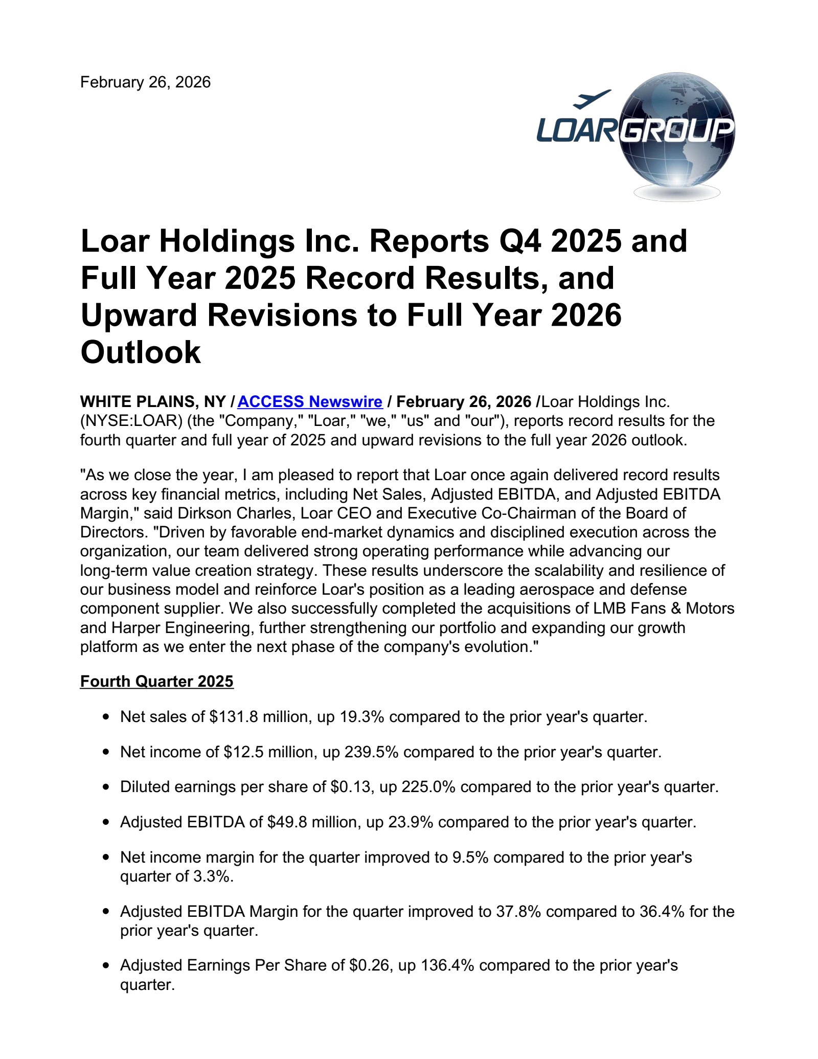 Loar's Q4 2025 Press Release