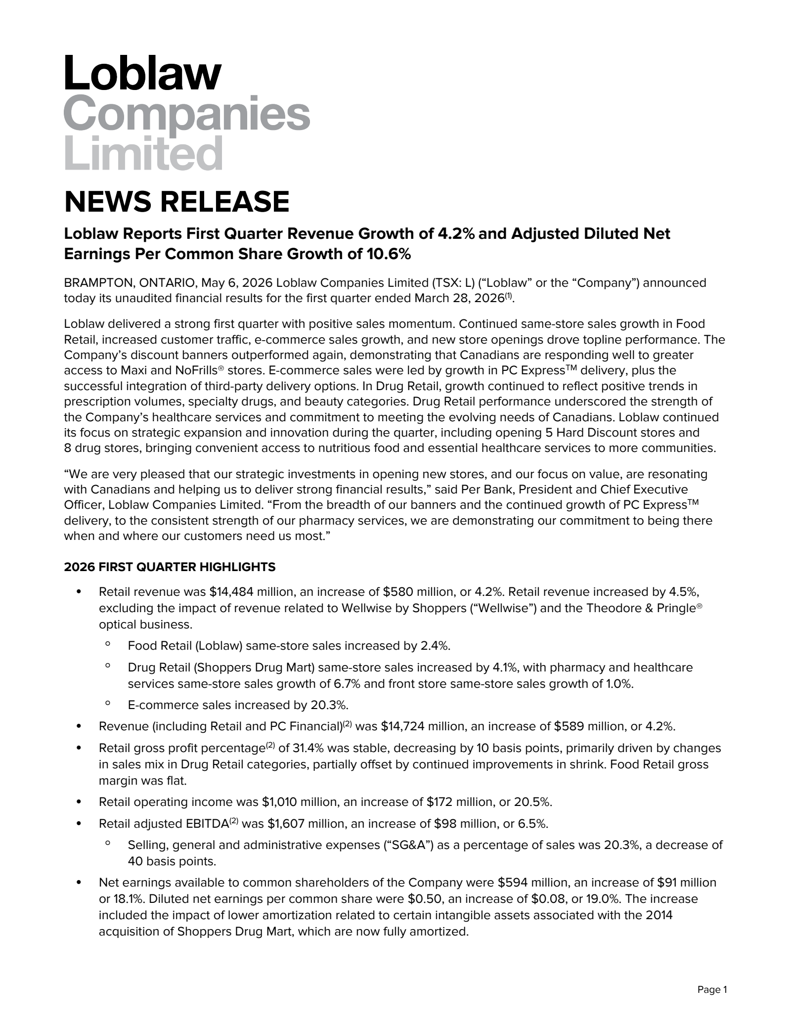 Loblaw Companies' Q1 2026 Press Release