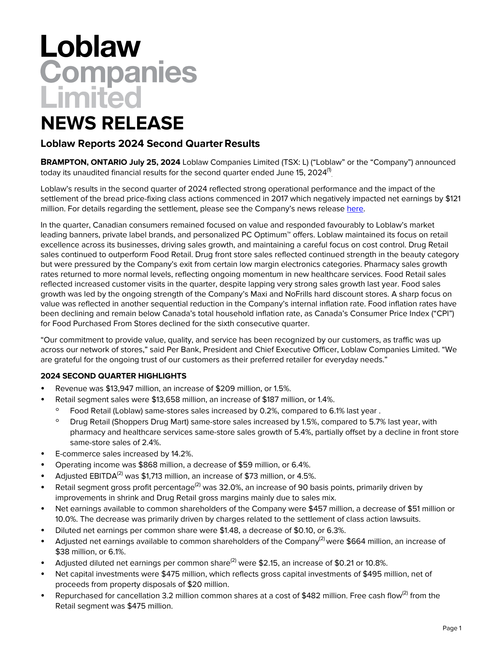 Loblaw Companies' Q2 2024 Earnings Release