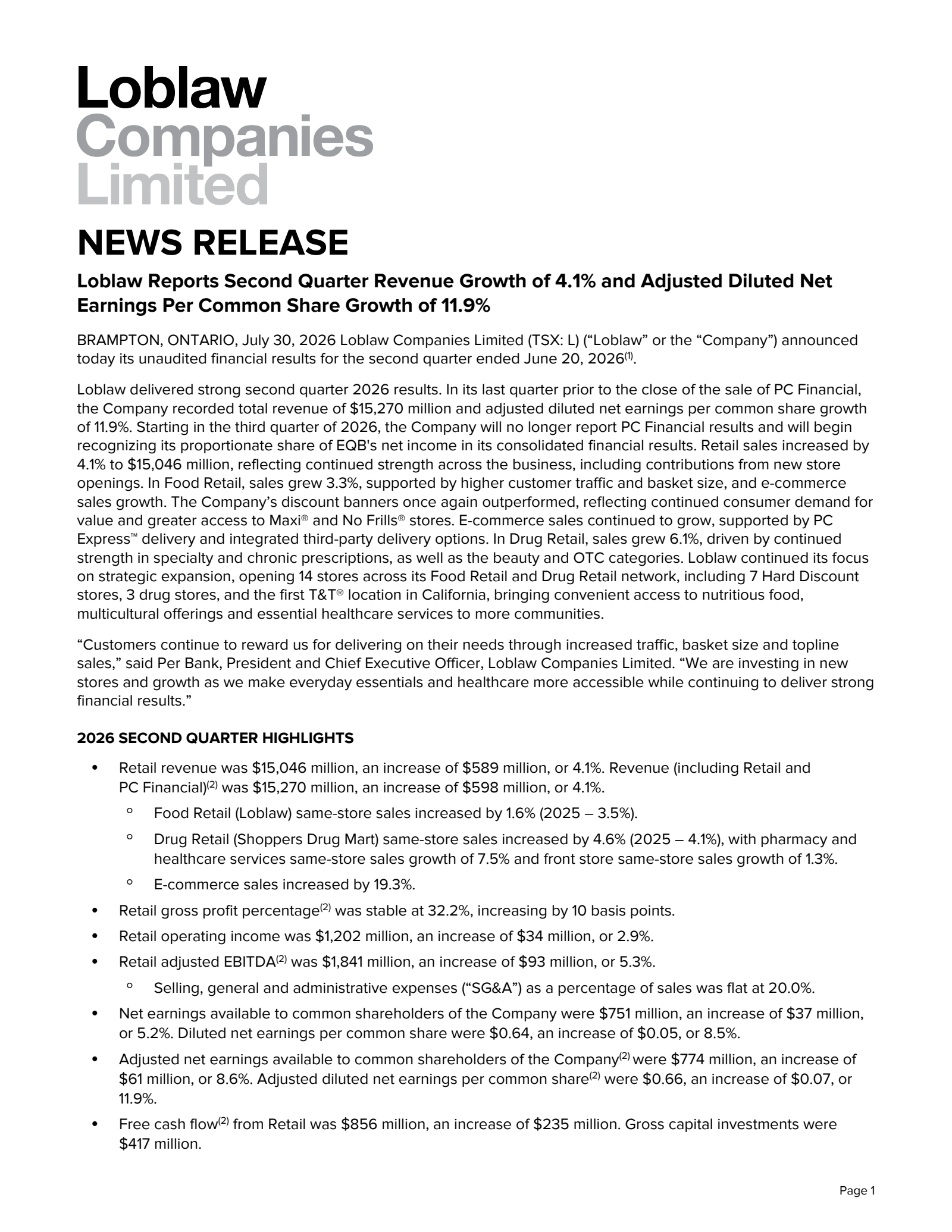 Loblaw Companies' Q2 2026 Press Release