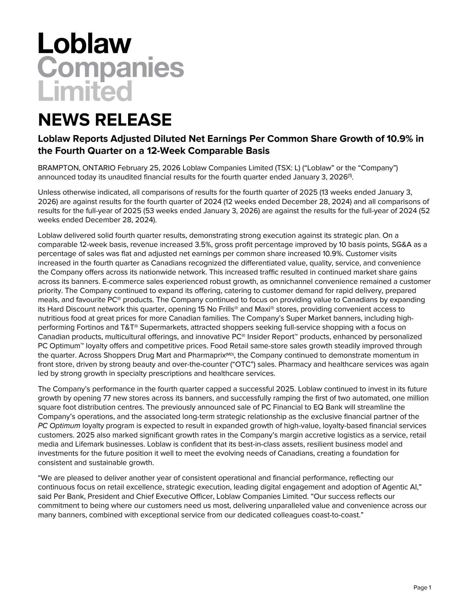 Loblaw Companies' Q4 2025 Press Release