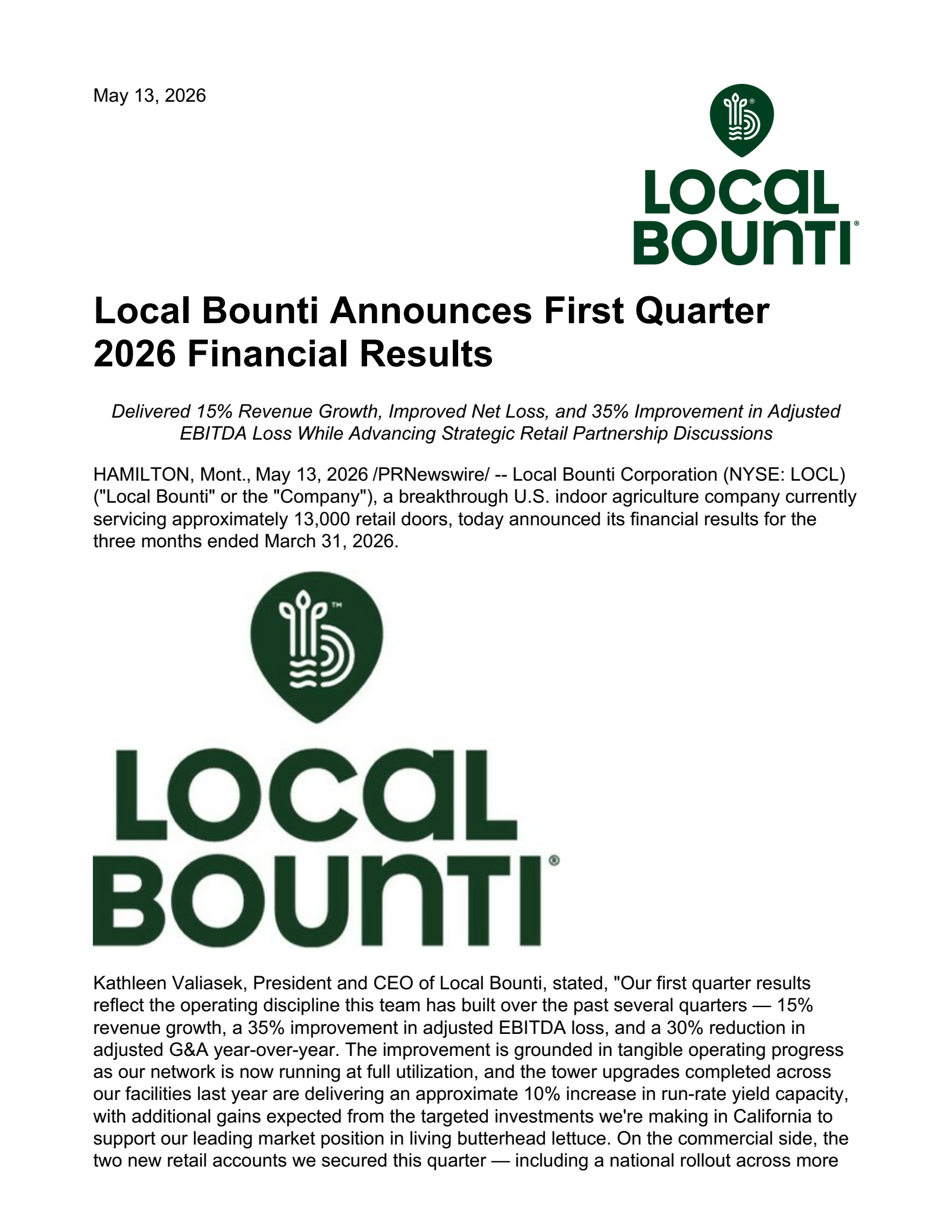 Local Bounti's Q1 2026 Press Release