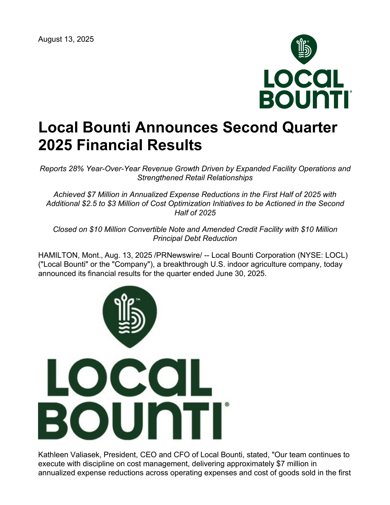 Local Bounti's Q2 2025 Press Release