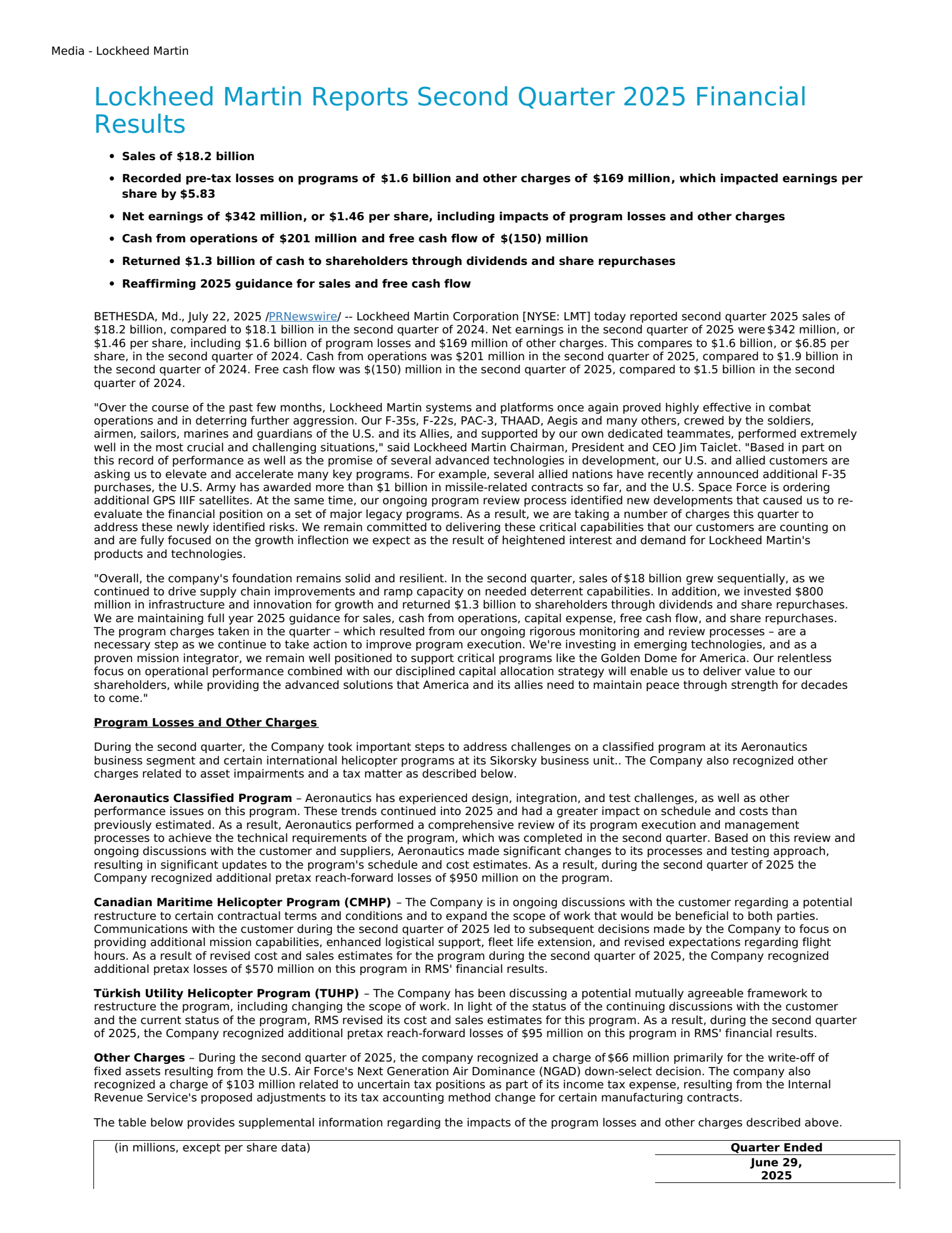 Lockheed Martin's Q2 2025 Press Release