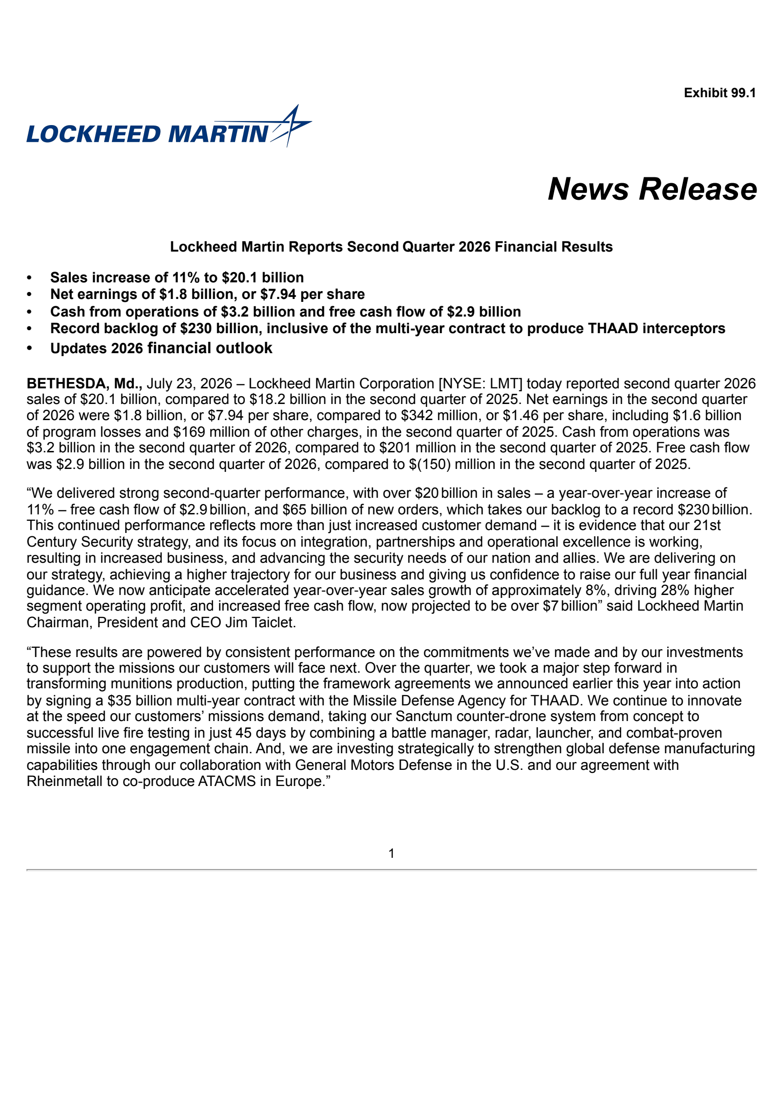 Lockheed Martin's Q2 2026 Press Release