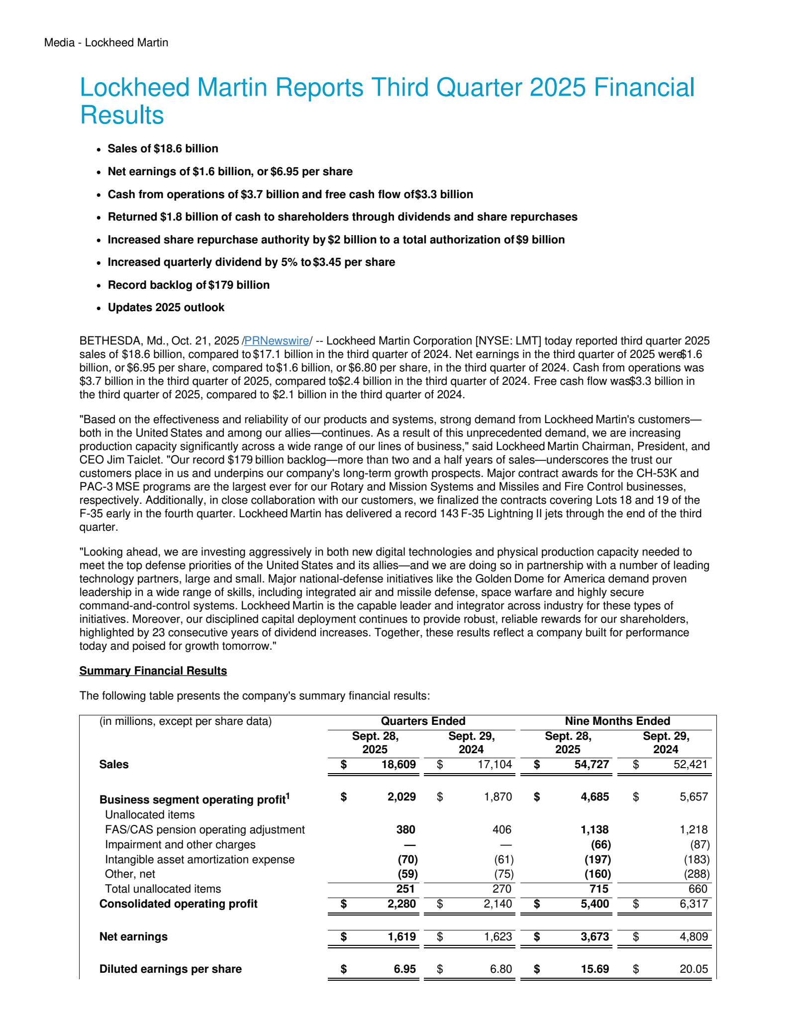 Lockheed Martin's Q3 2025 Earnings Release