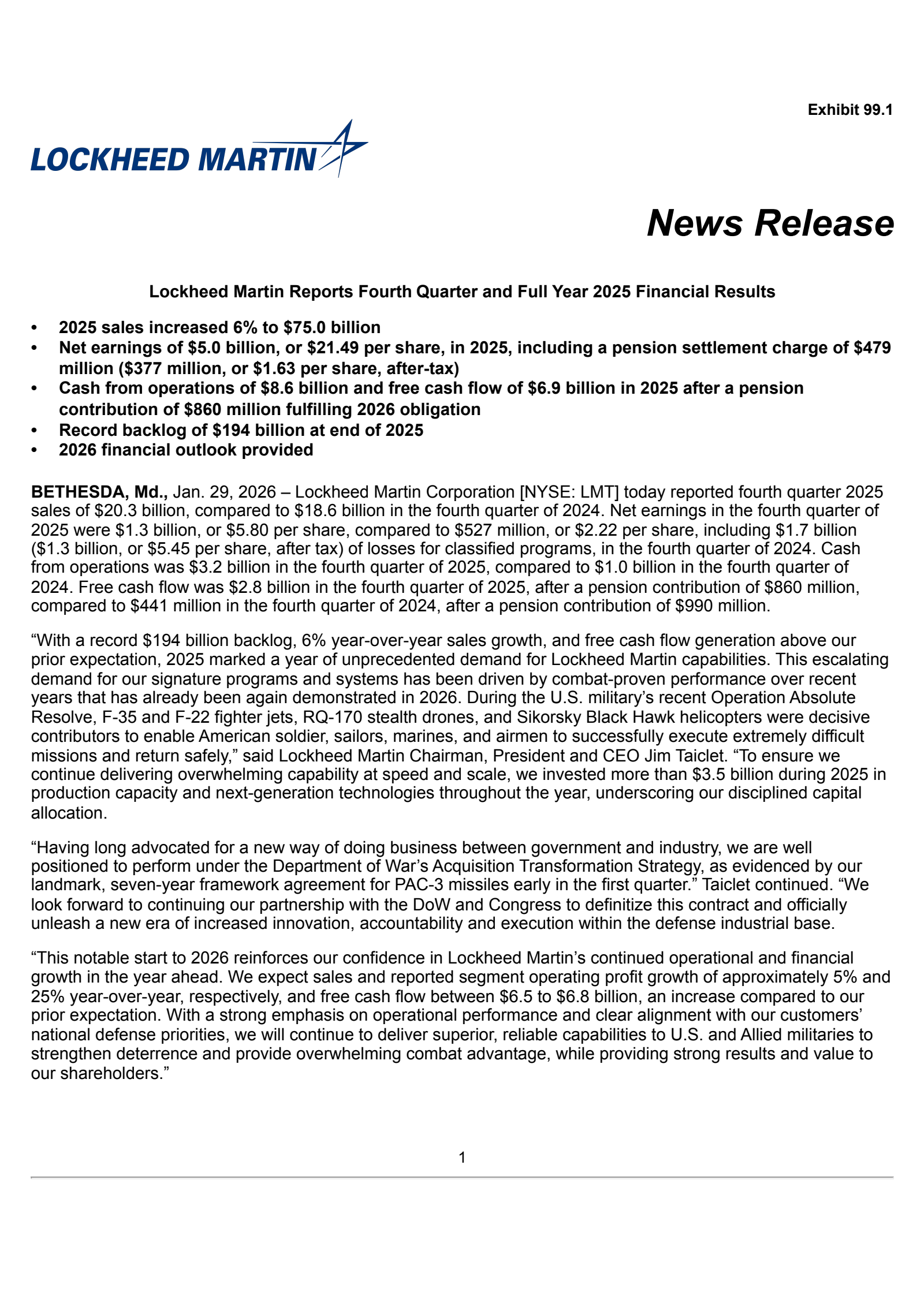 Lockheed Martin's Q4 2025 Press Release