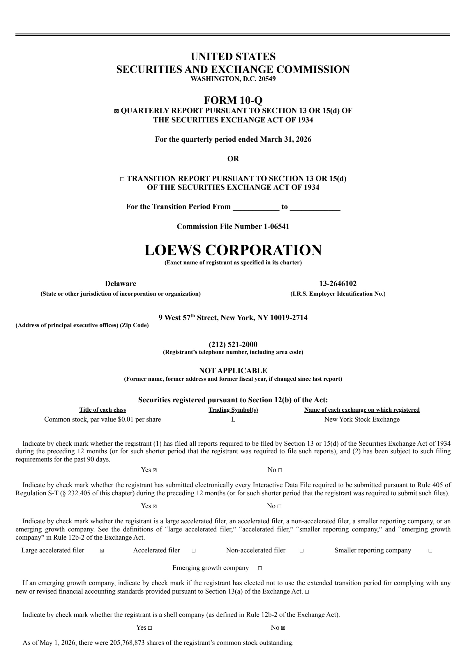 Loews' Q1 2026 Quarterly report