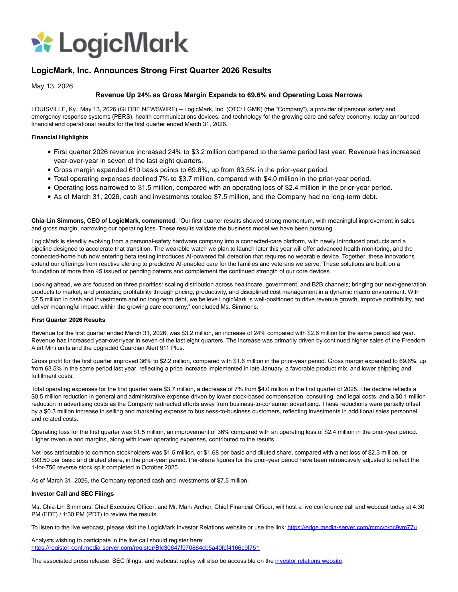 LogicMark's Q1 2026 Press Release
