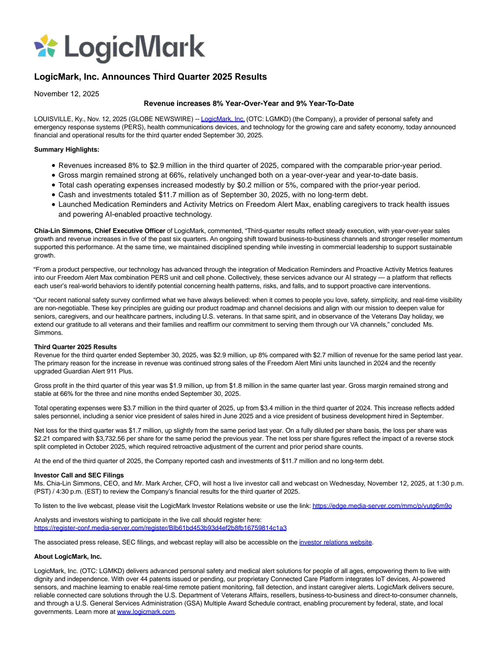 LogicMark's Q3 2025 Earnings Release