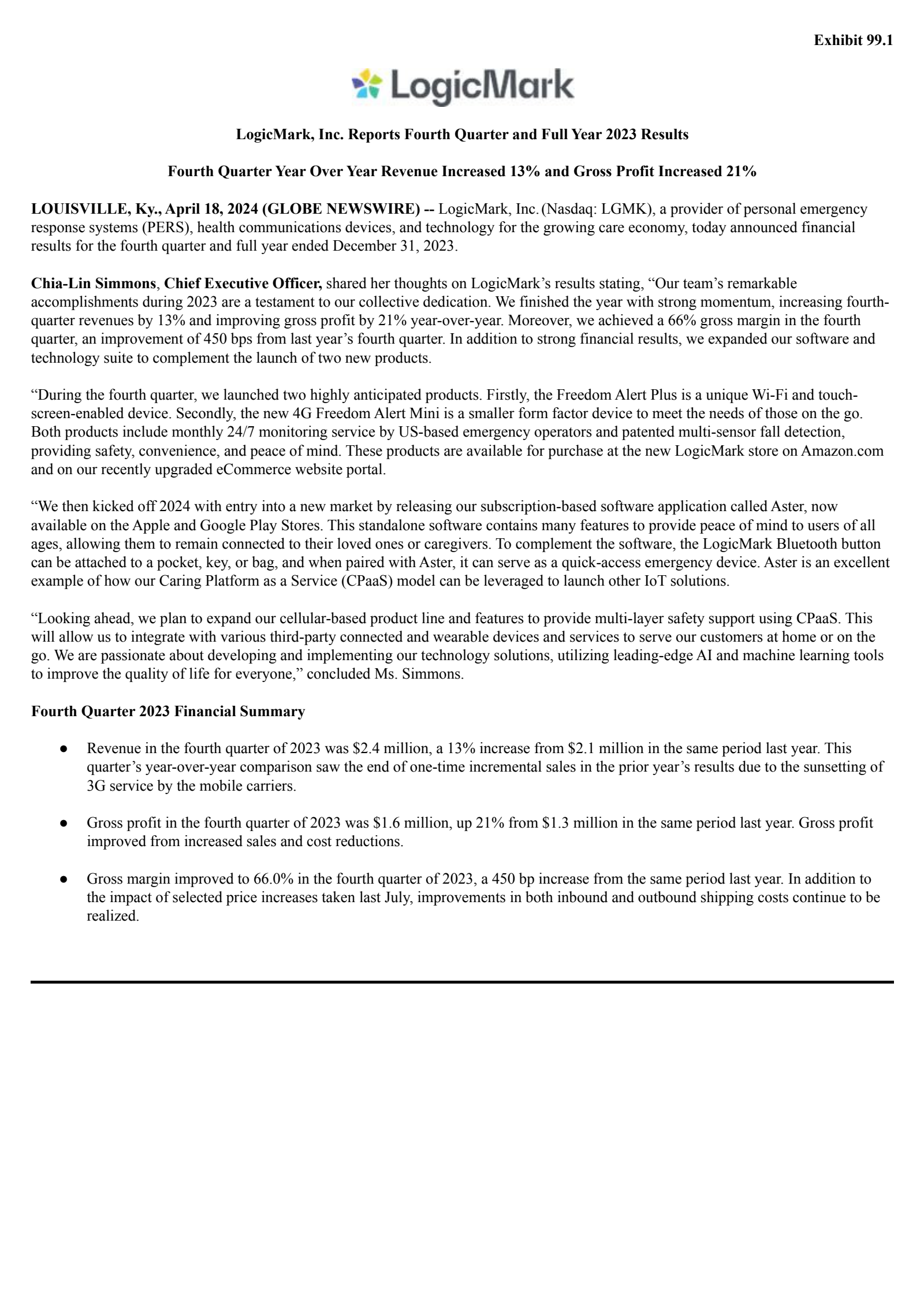 LogicMark's Q4 2023 Press Release