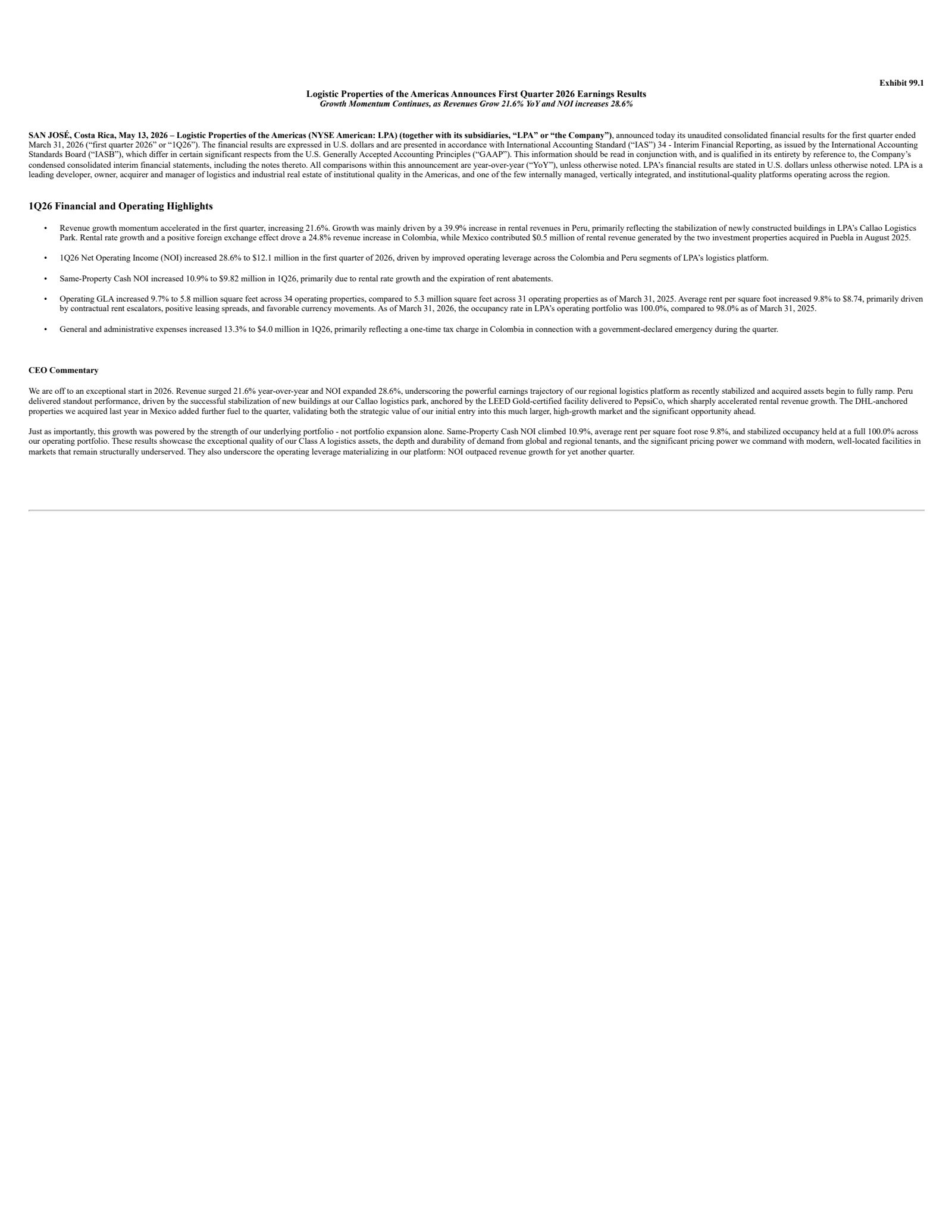 Logistic Properties of the Americas' Q1 2026 Press Release
