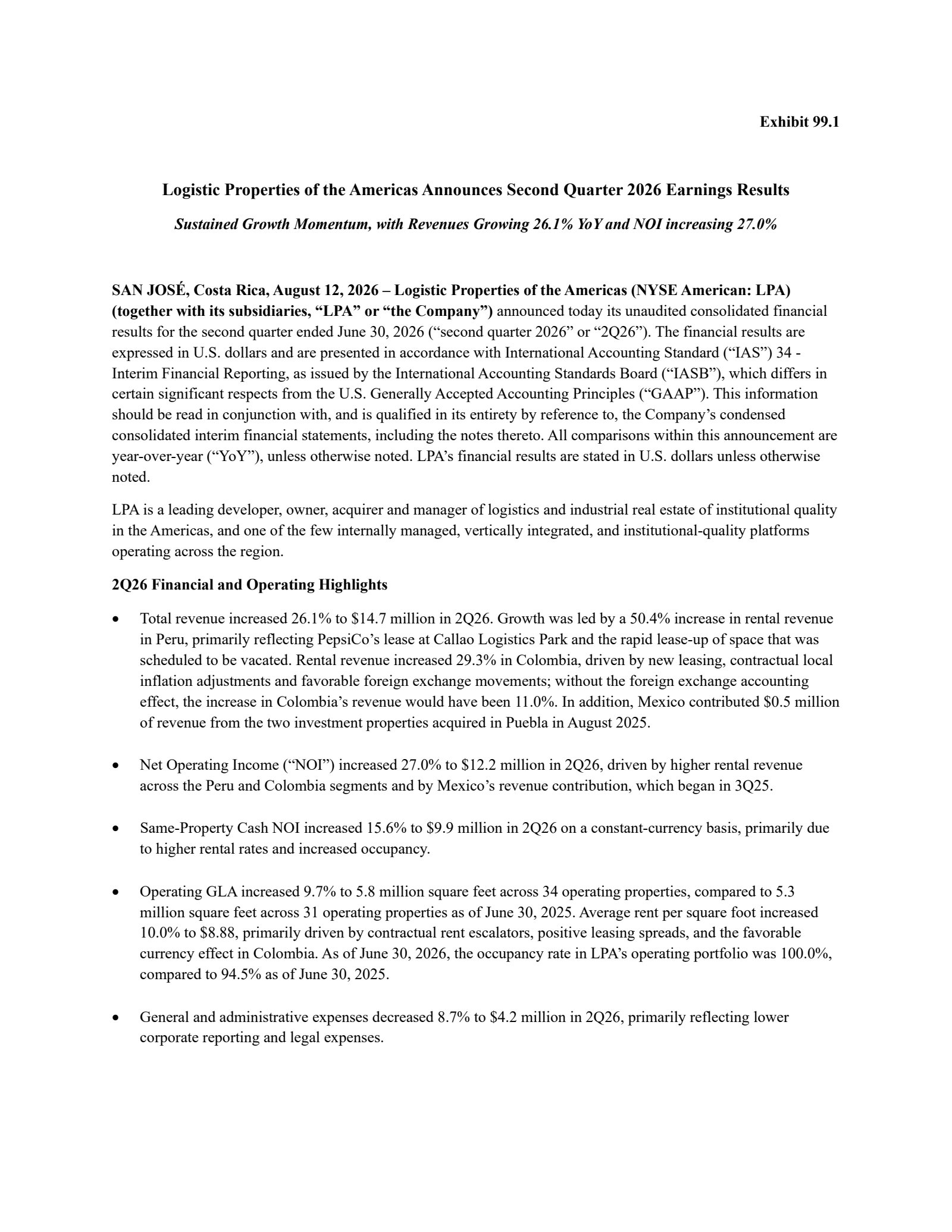 Logistic Properties of the Americas' Q2 2026 Press Release