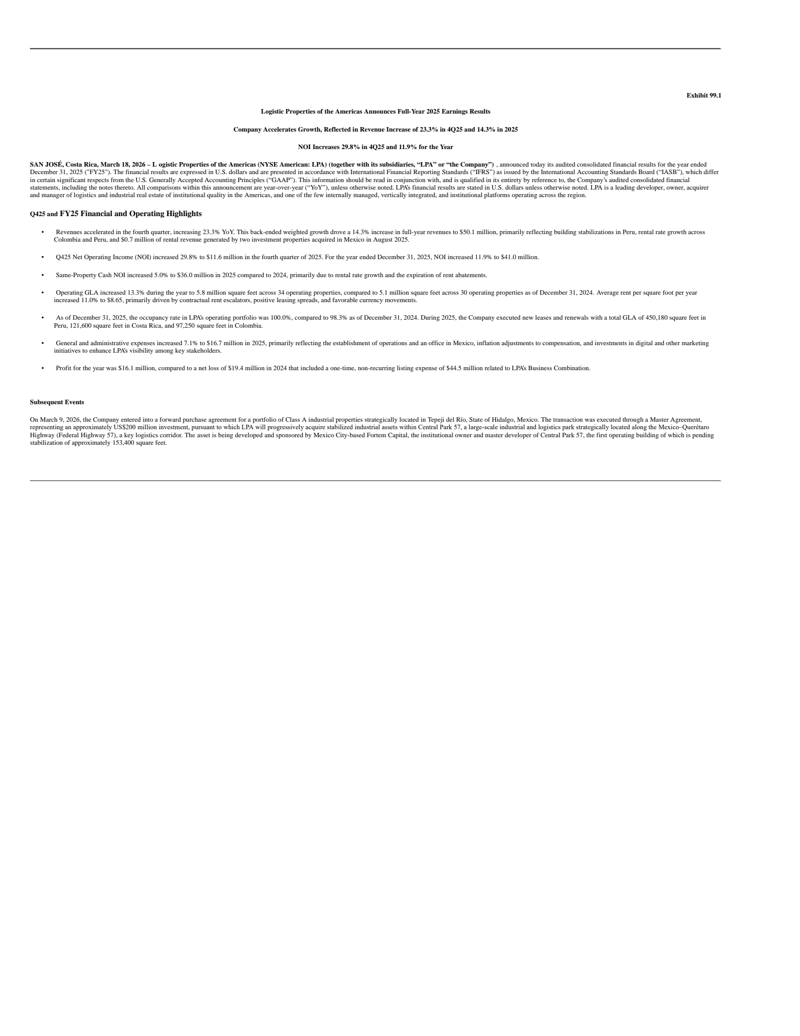 Logistic Properties of the Americas' Q4 2025 Press Release