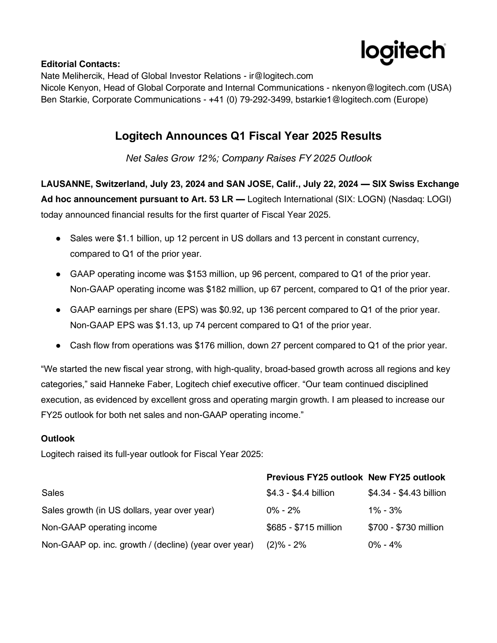 Logitech International's Q1 2025 Earnings Release